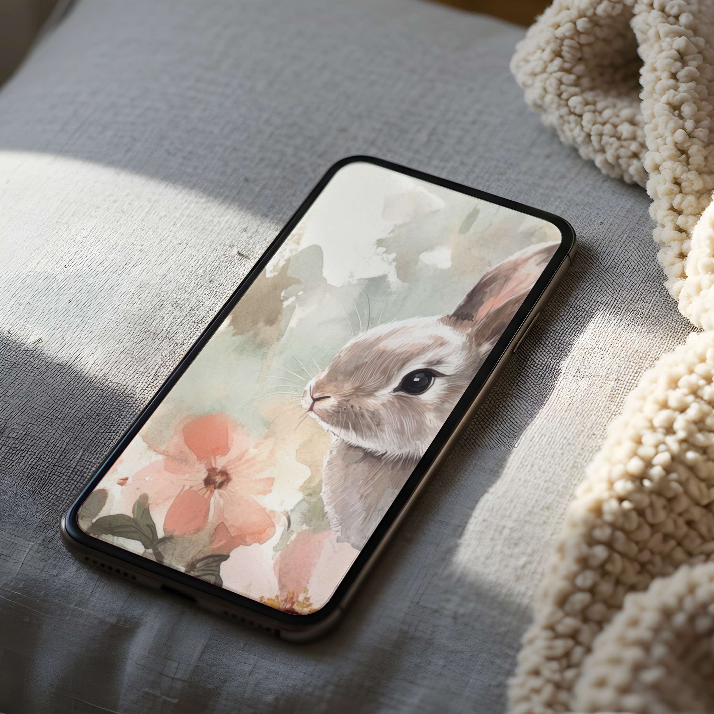 Charming rabbit watercolor phone wallpaper offers calming hues and floral elegance, perfect for high-resolution downloads on all devices