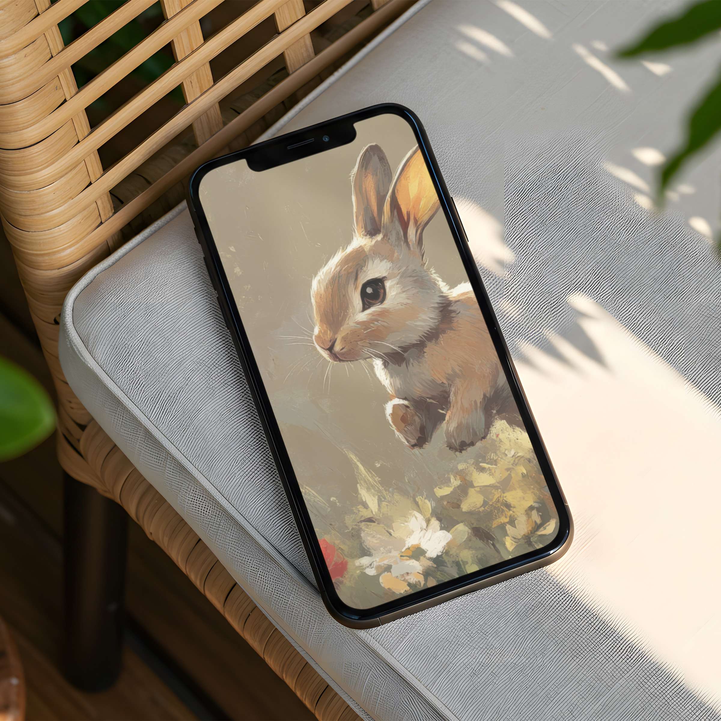 Charming rabbit illustration with floral accents creates a calming iPhone background for instant download on Android or any phone