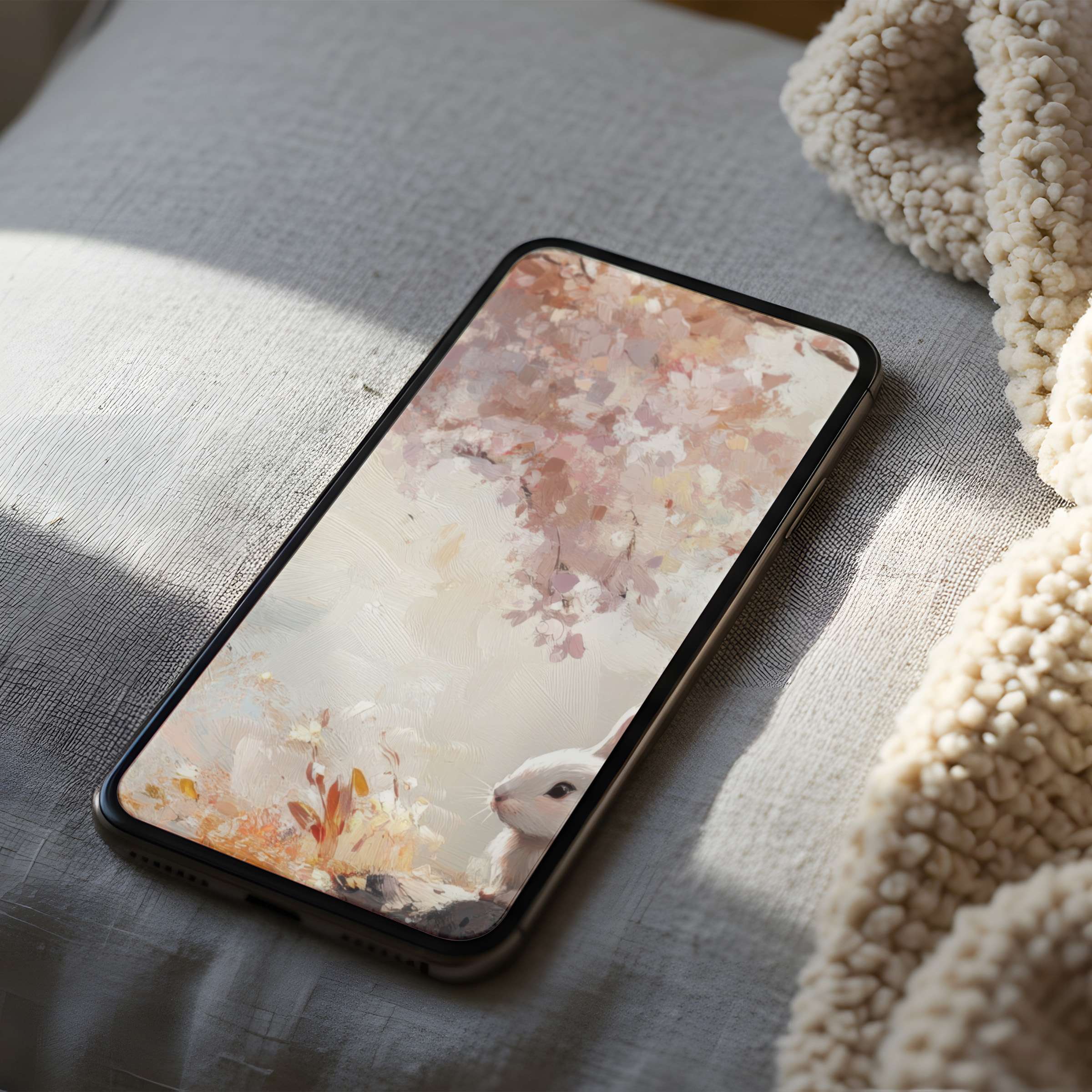Elegant phone wallpaper featuring soft pastels and a serene rabbit motif, perfect for iPhone and Android digital download