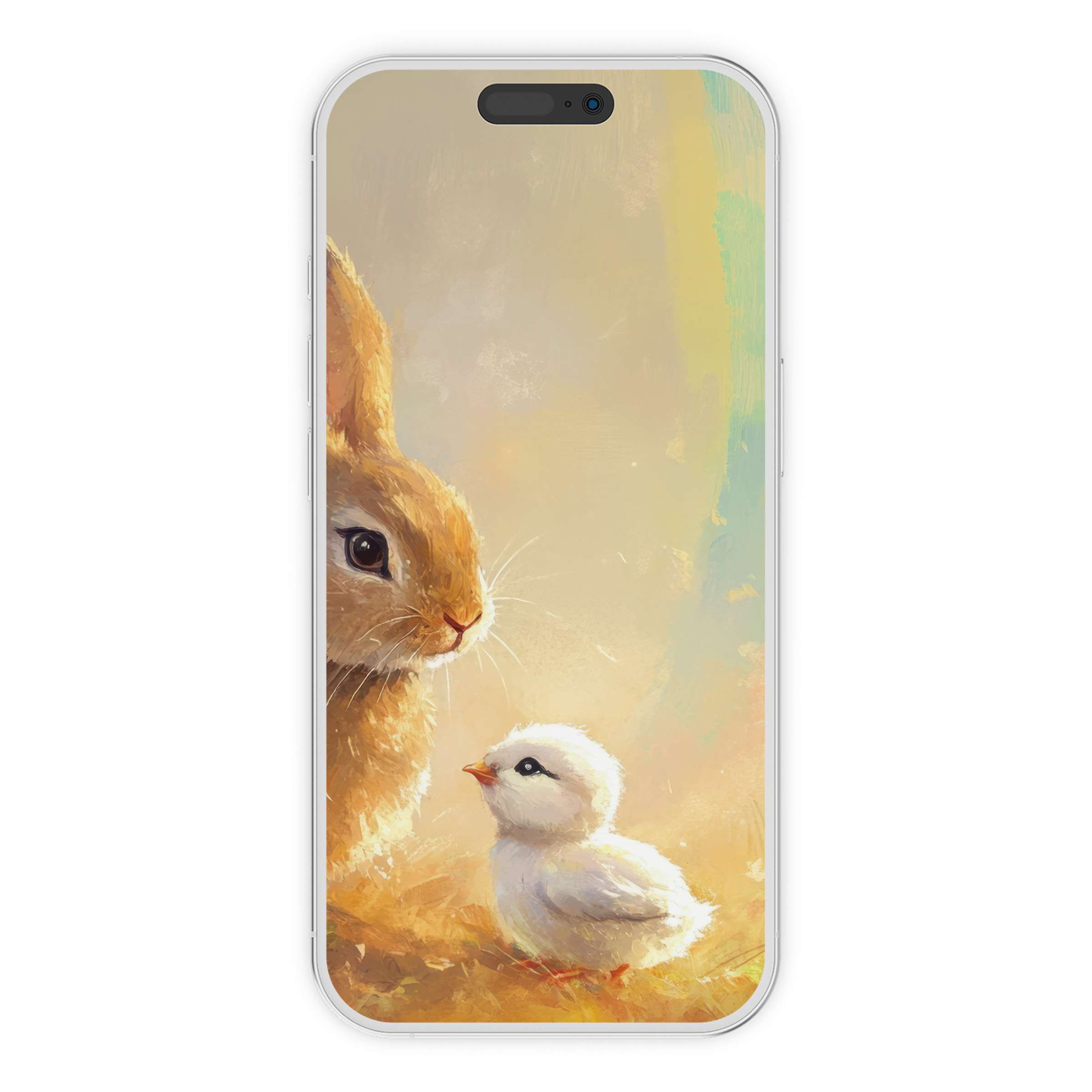 Easter iPhone wallpaper depicting a serene bunny and chick, offering a soothing digital download phone background perfect for spring