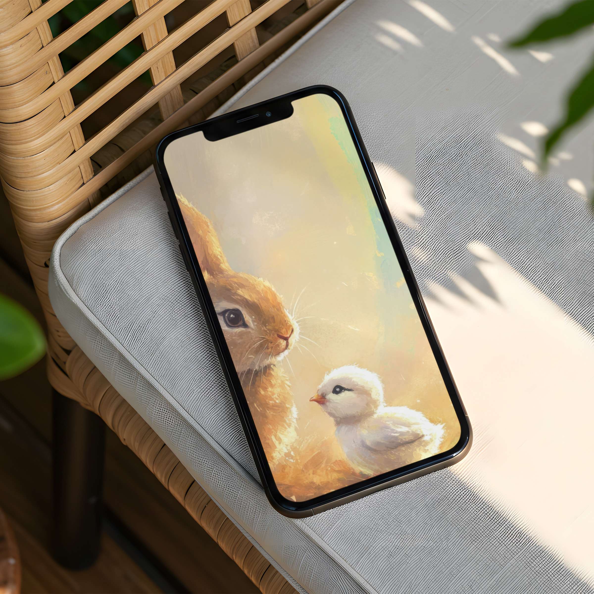 Gently serene iPhone background showcasing a bunny and chick in soft hues for instant download to elevate your phone's tranquility