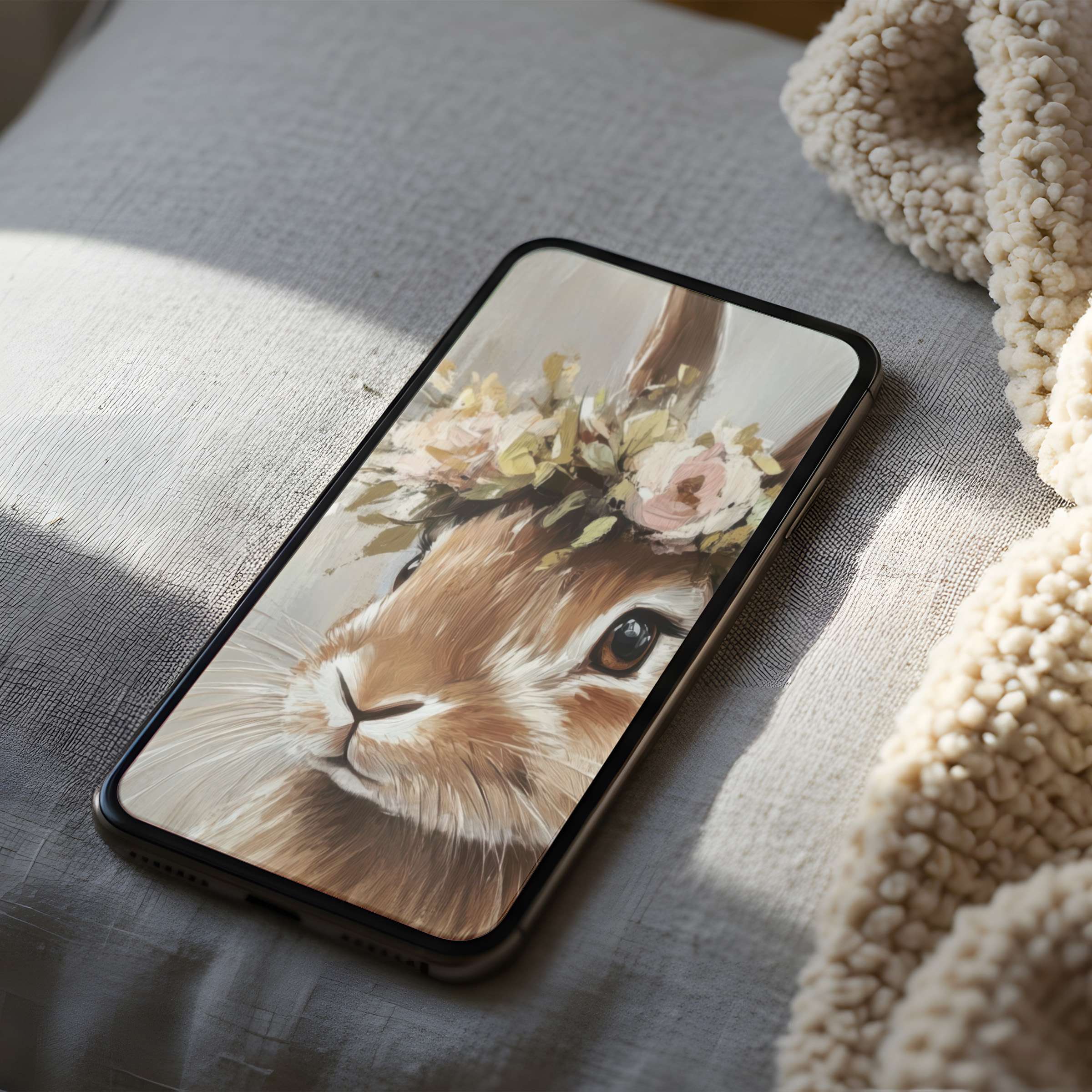Elegant rabbit with flower crown phone wallpaper brings serene beauty to your iPhone or Android in high resolution digital download