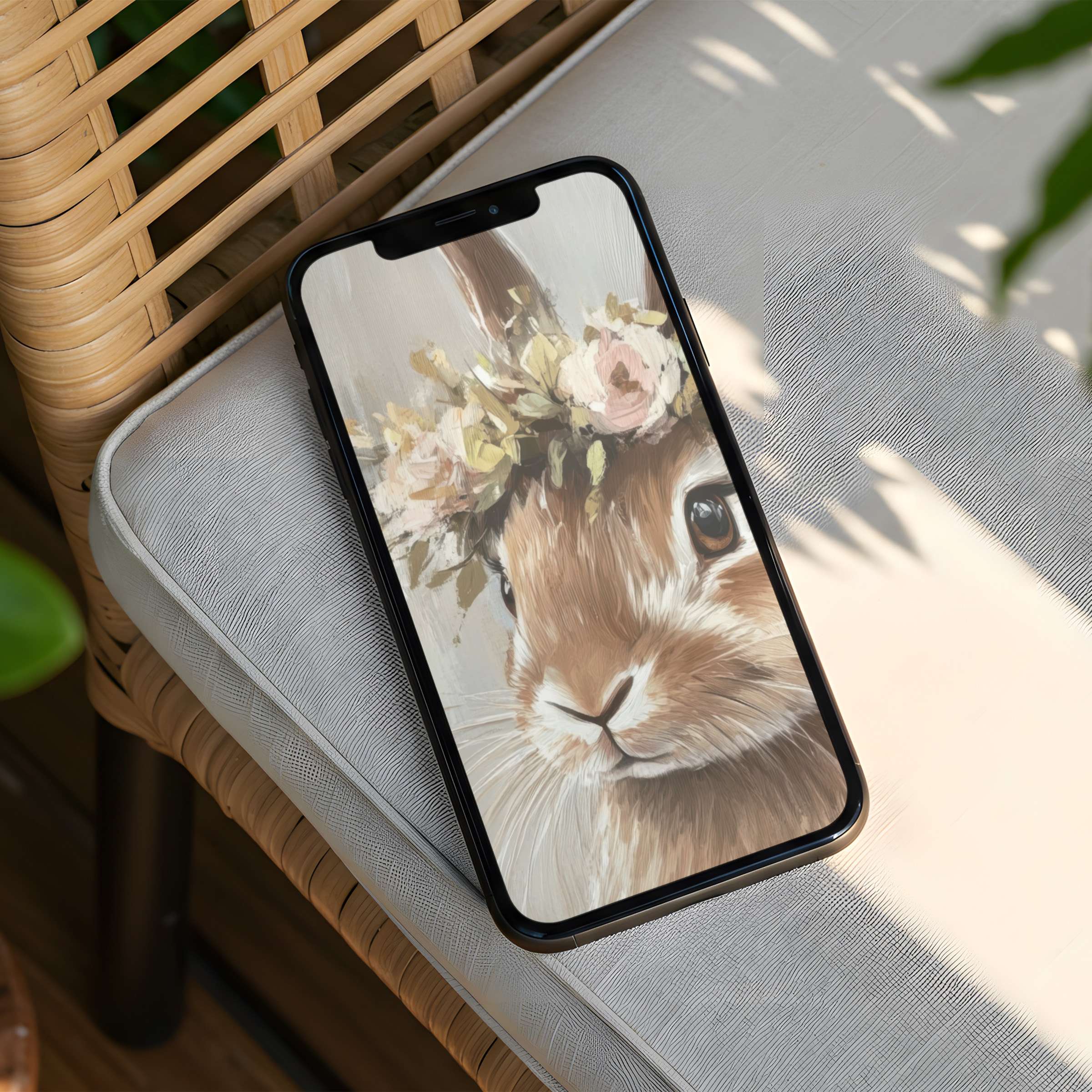 Elegant iPhone background featuring a floral-crowned bunny for instant download brings calm and inspiration to your phone screen