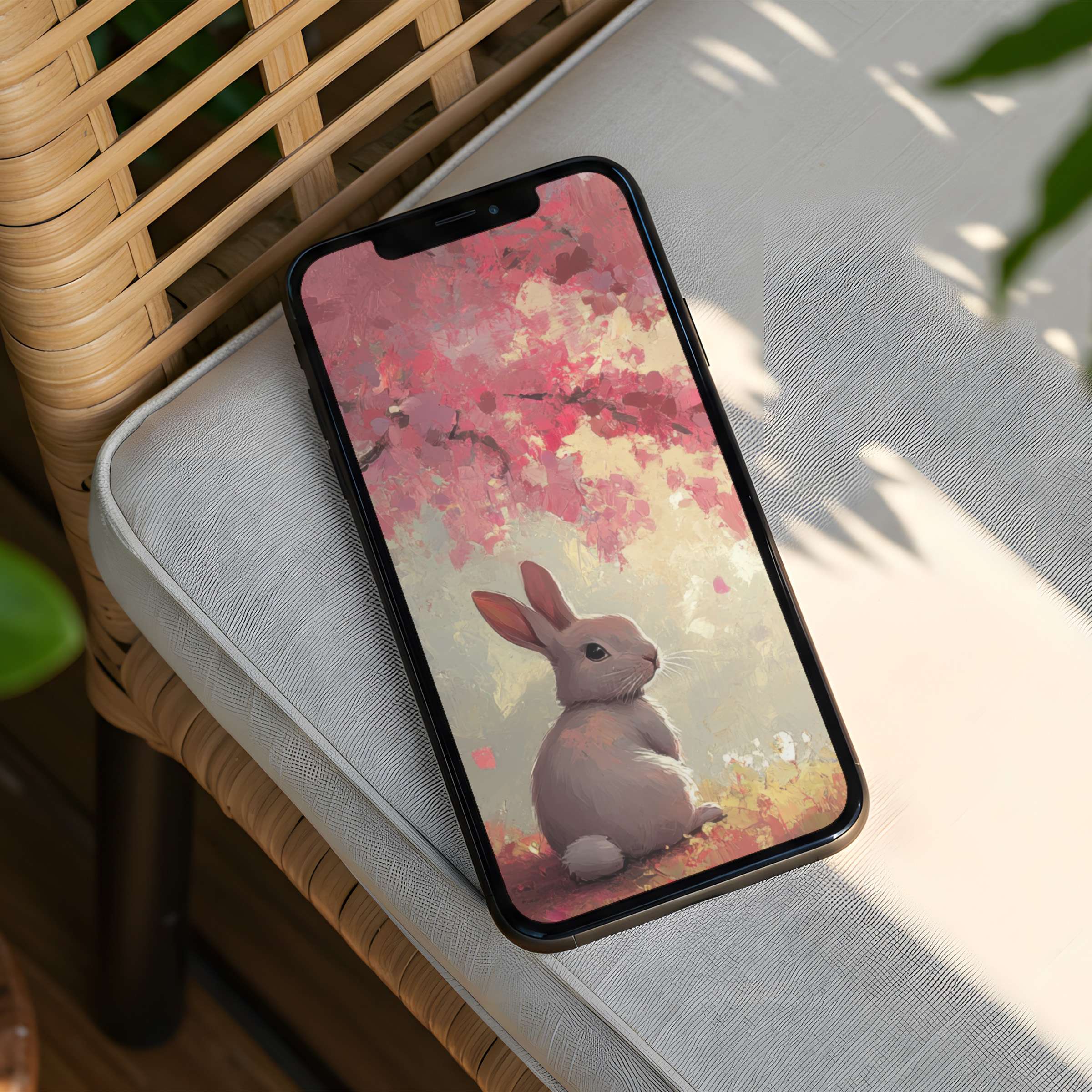 Calming pastel iPhone background with serene bunny and cherry blossoms offers instant download for phone elegance and mindfulness