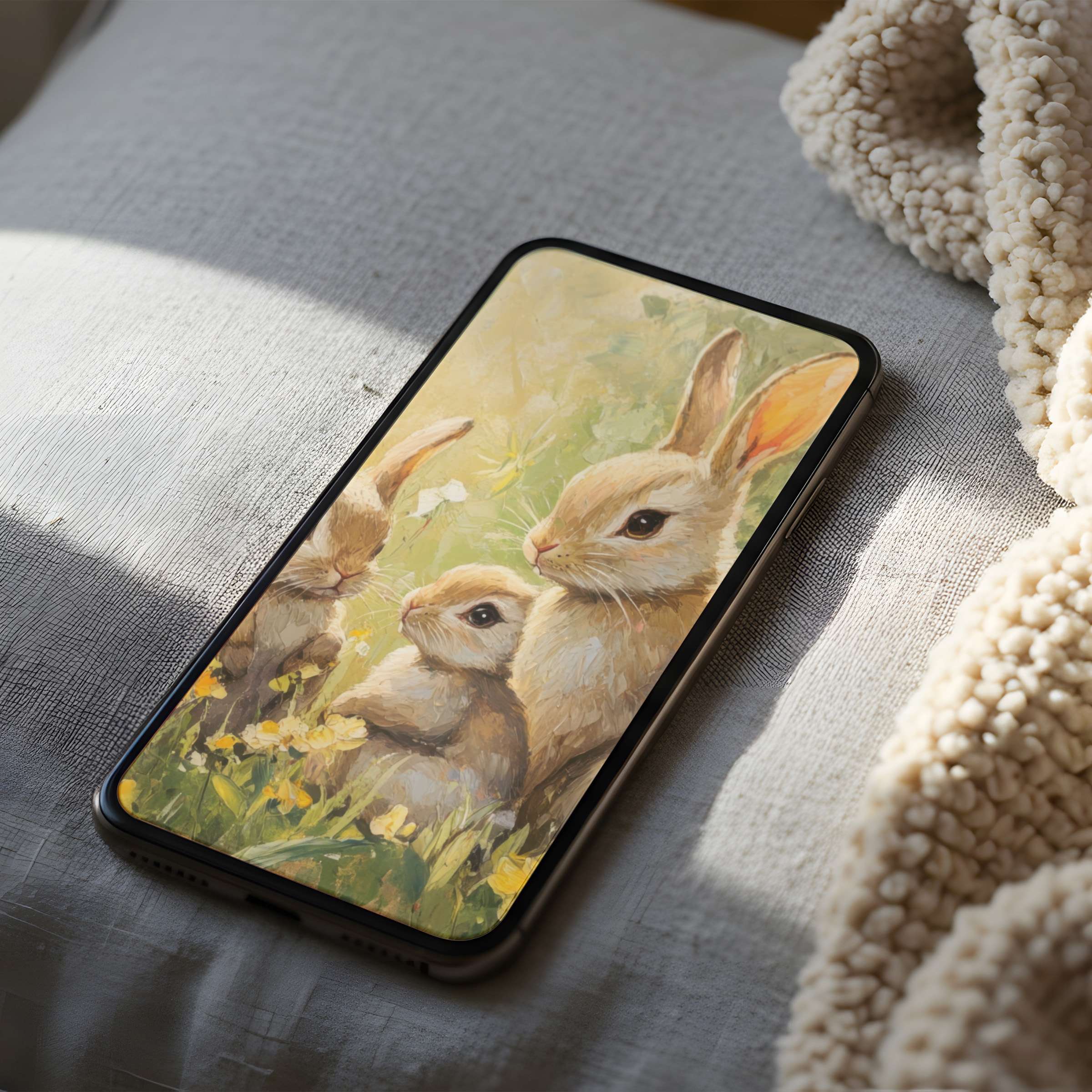 Elegant phone wallpaper featuring serene rabbits in a lush field, perfect for iPhone or Android, offering a peaceful digital download