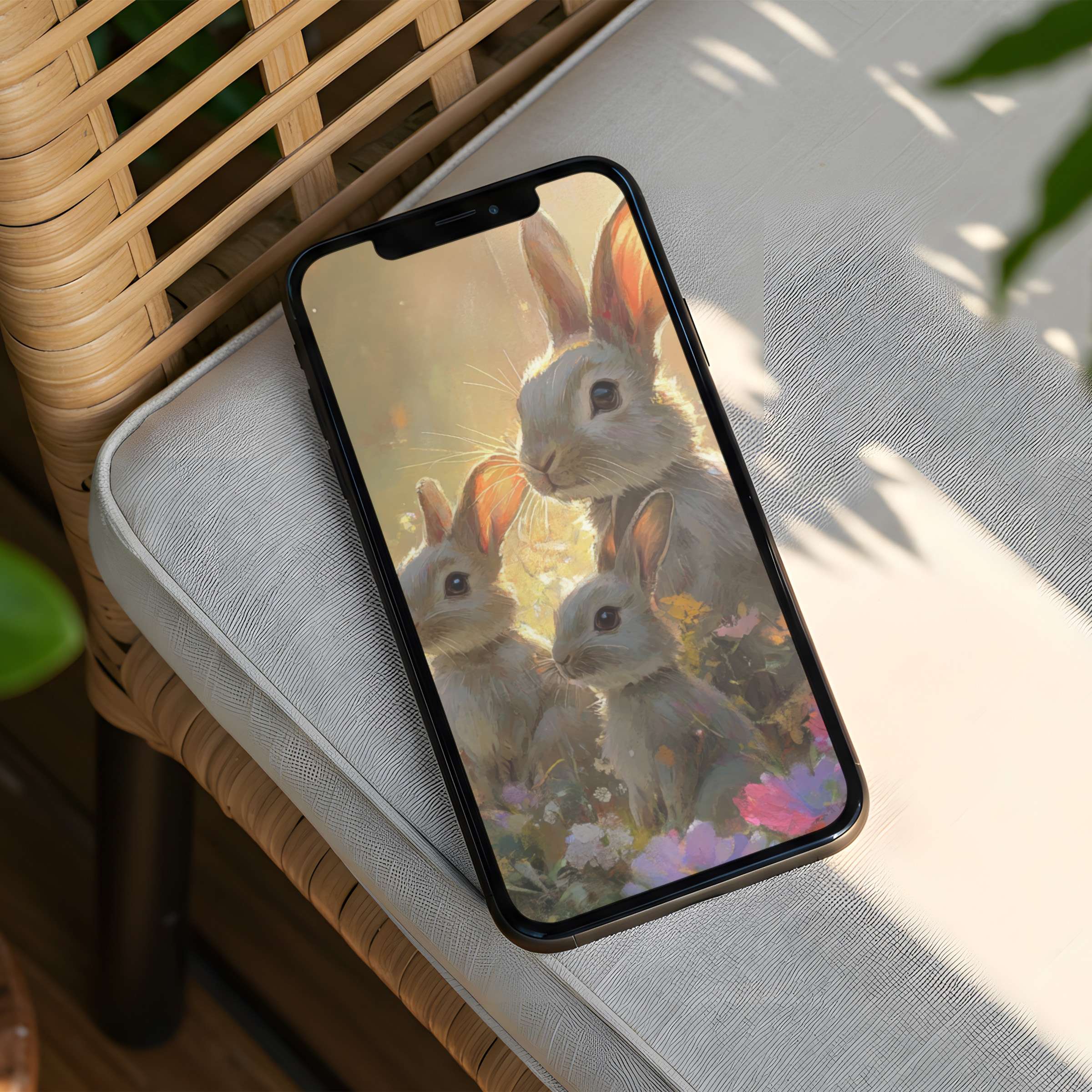 Elegant iPhone background of serene rabbits in soft pastels offers mindfulness and inspiration instant download for any phone