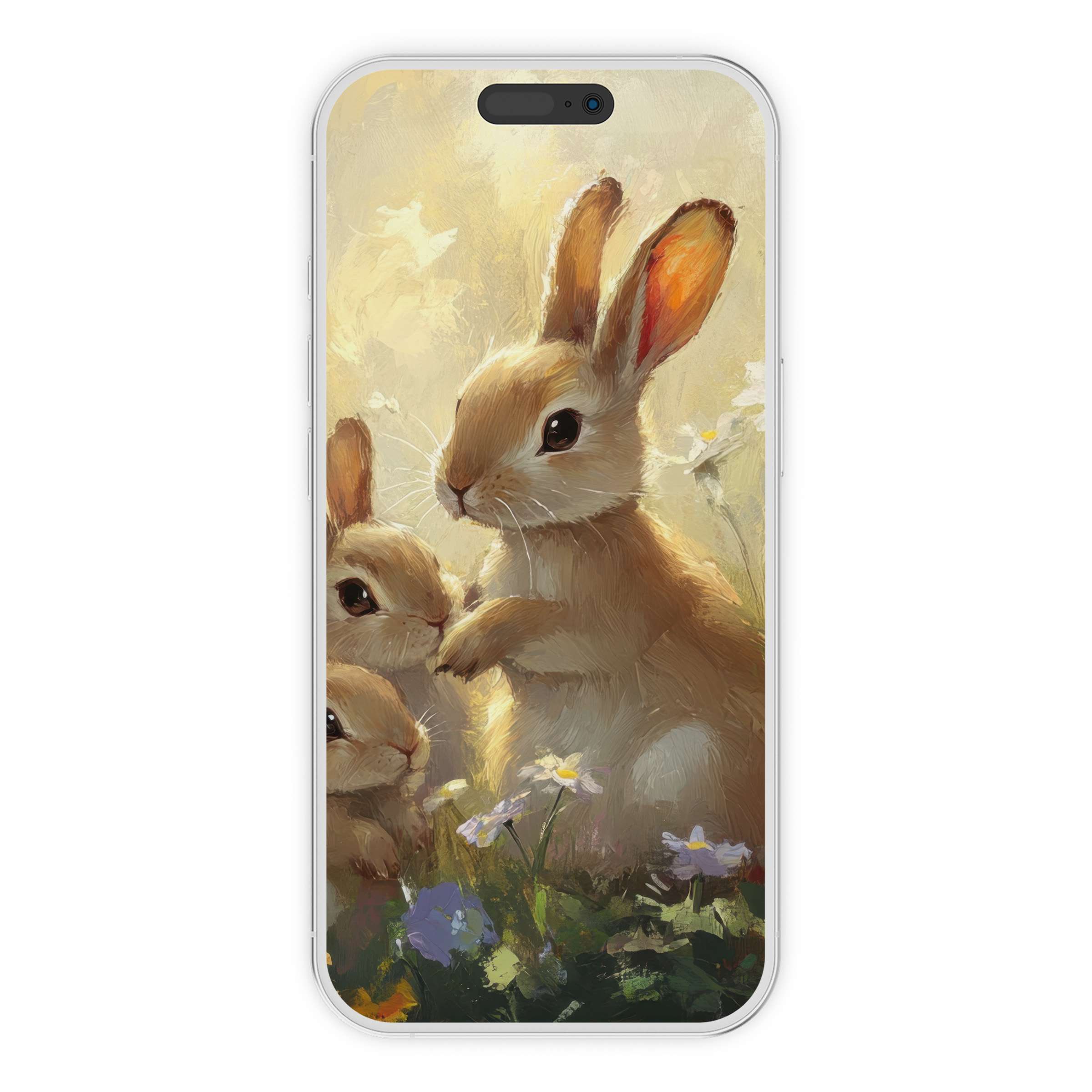 Easter iPhone wallpaper featuring charming bunnies in a serene floral setting ideal for phone backgrounds digital download available