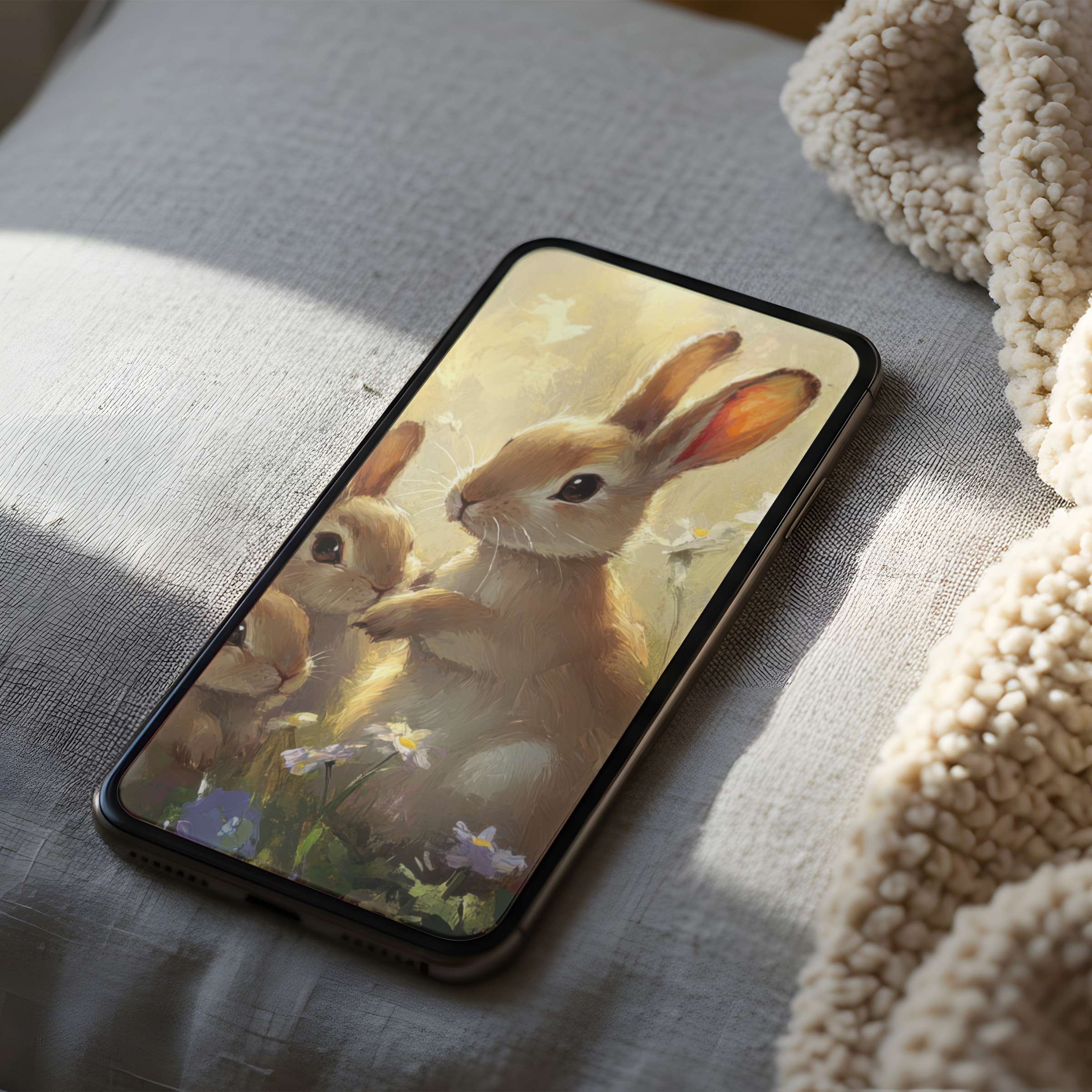 Elegant phone wallpaper featuring soft pastel bunnies in a serene meadow, perfect high resolution download for iPhone and Android