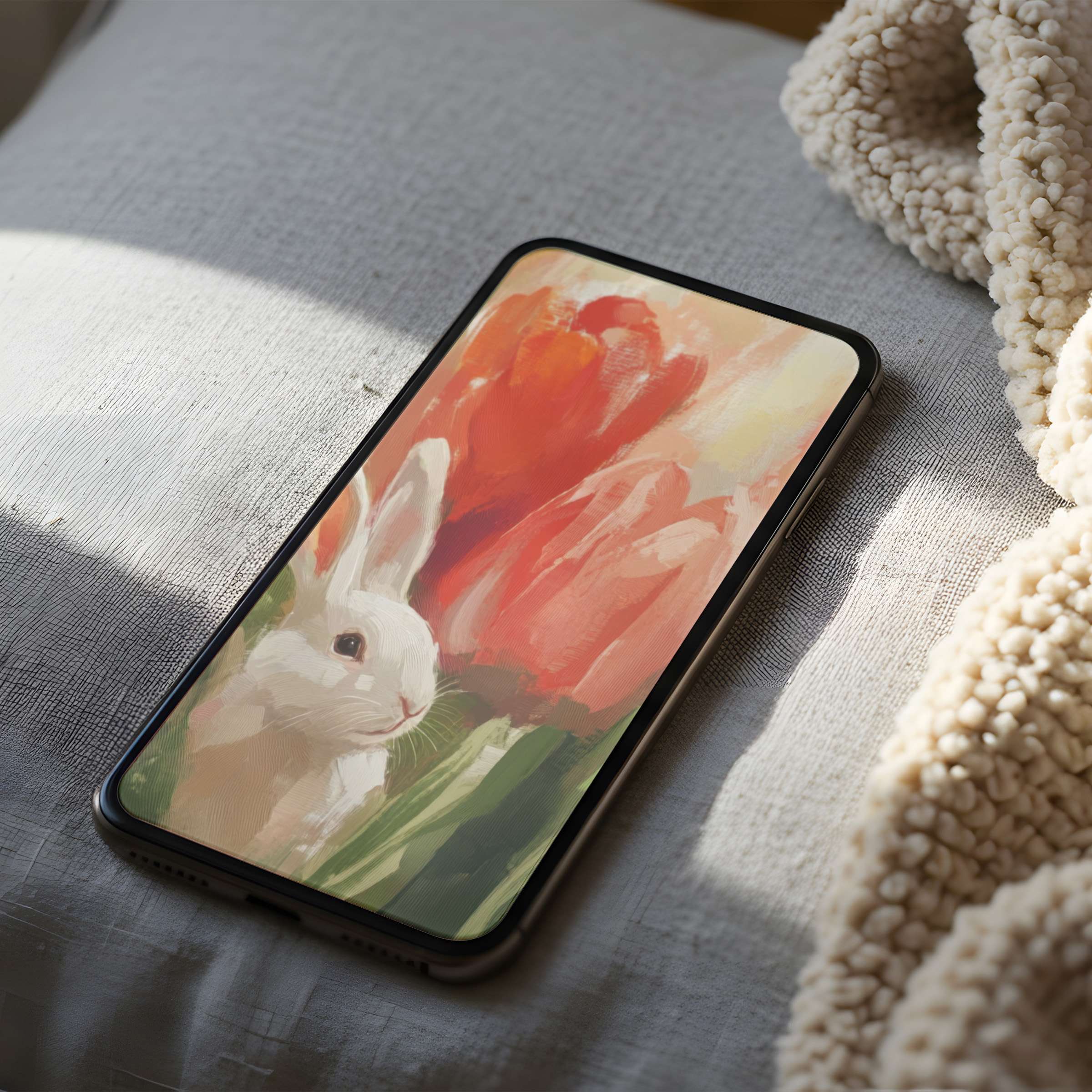 Elegant phone wallpaper with a white rabbit and red tulips in a soft, painterly style perfect for high-resolution iPhone screens