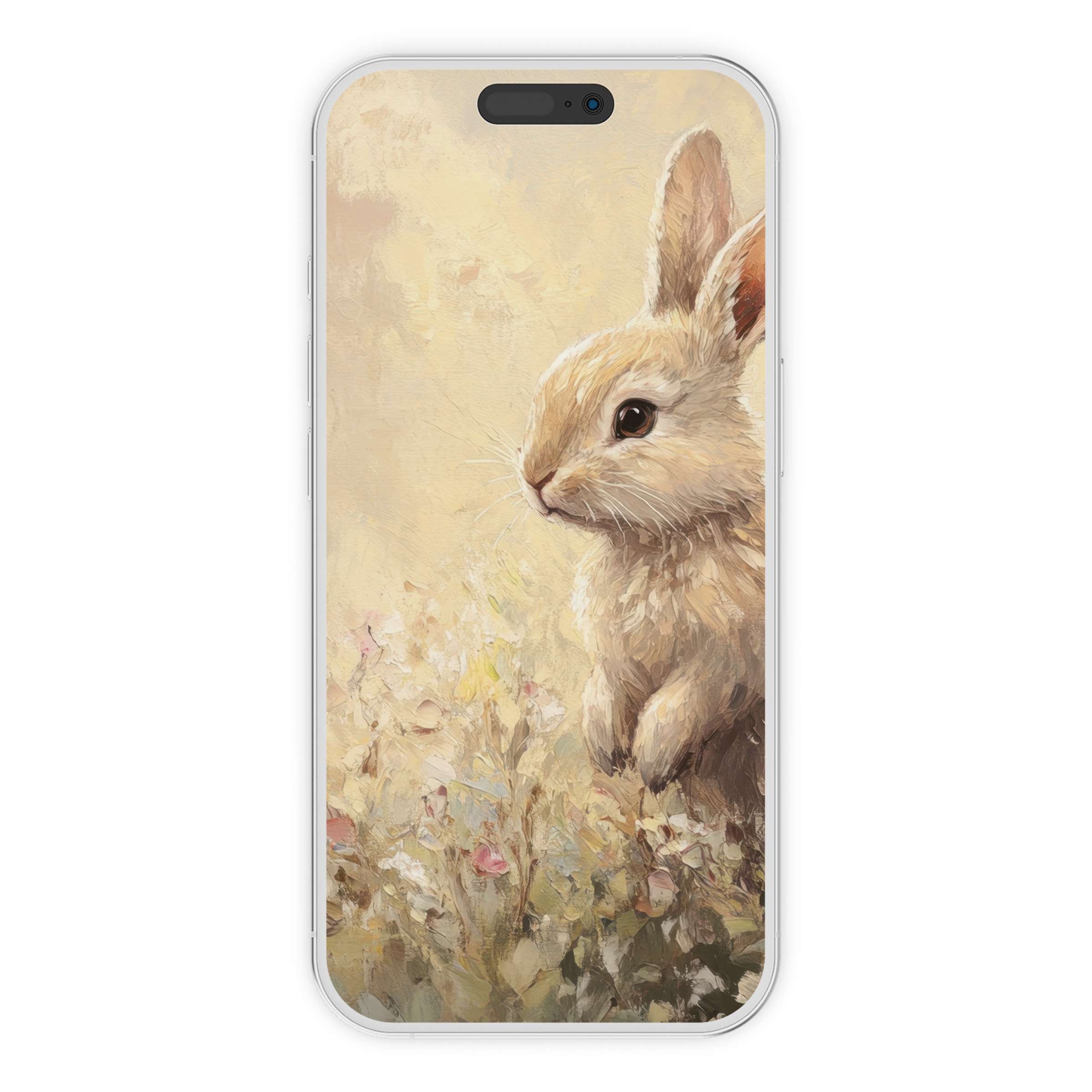 Elegant easter iPhone wallpaper featuring a soft watercolor bunny amidst pastel flowers for serene phone background digital download