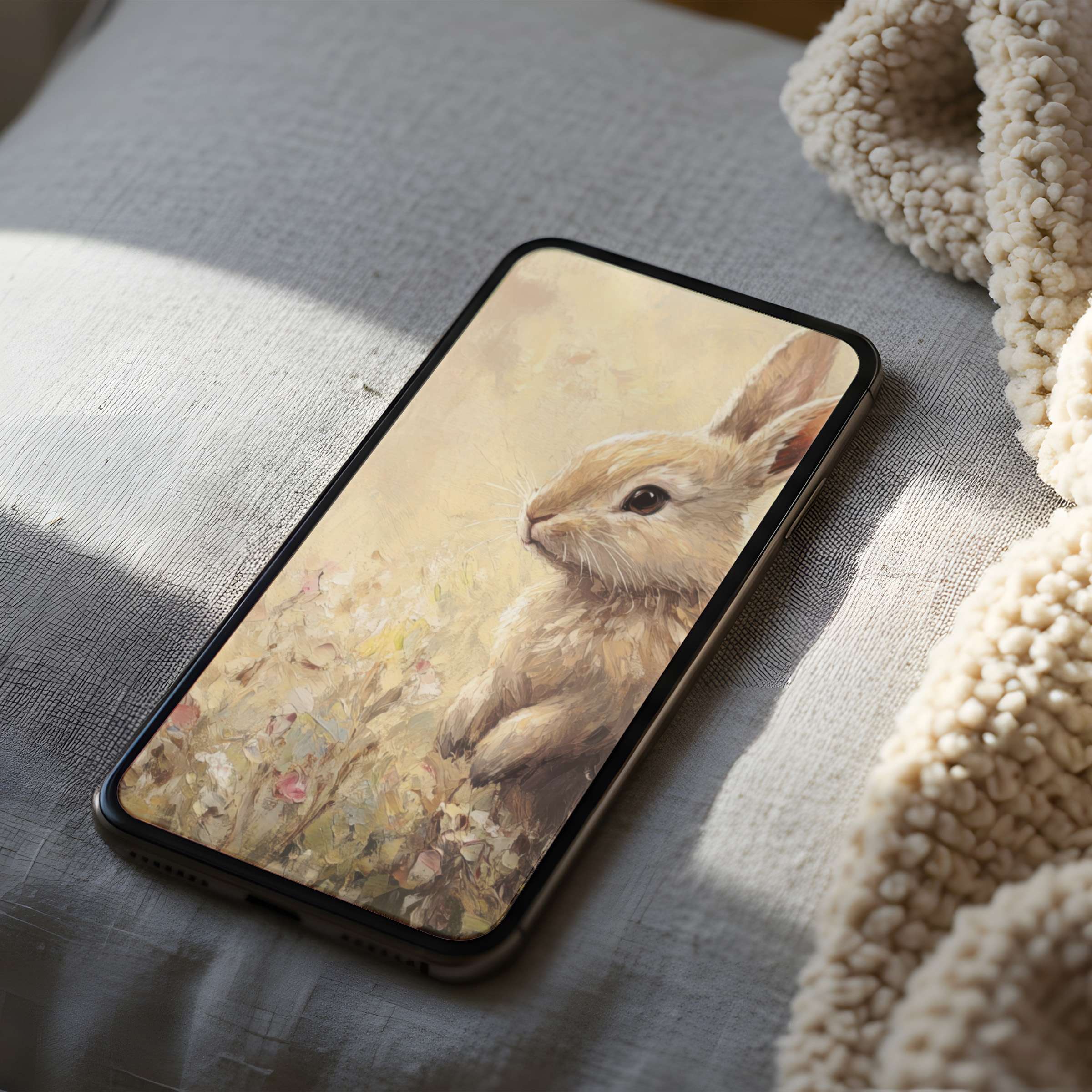 Elegant phone wallpaper featuring a serene rabbit in soft pastels, perfect for high resolution digital download on iPhone or Android