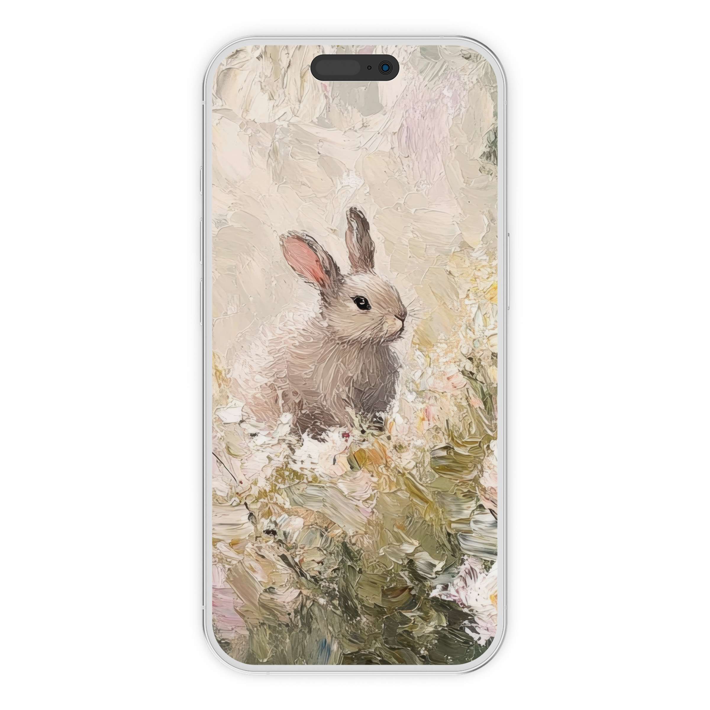 Easter iPhone wallpaper featuring a serene rabbit in pastel oil brush strokes, perfect digital download for elegant phone backgrounds