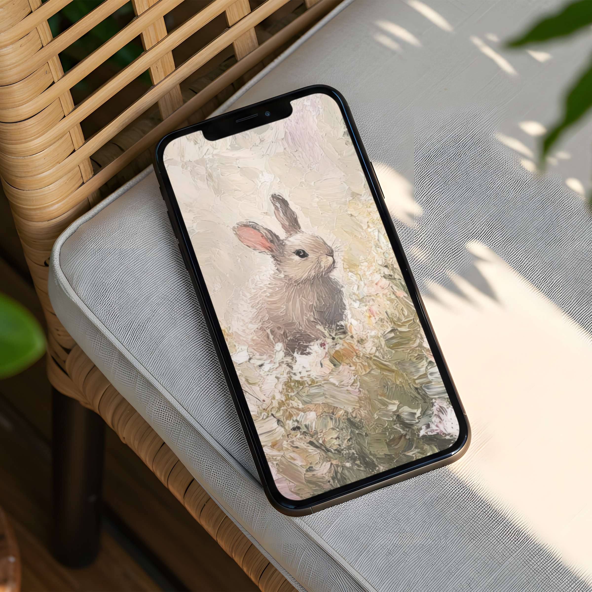 Elegant rabbit painting for iPhone background inspiring calm and mindfulness instant download for phone screens all models