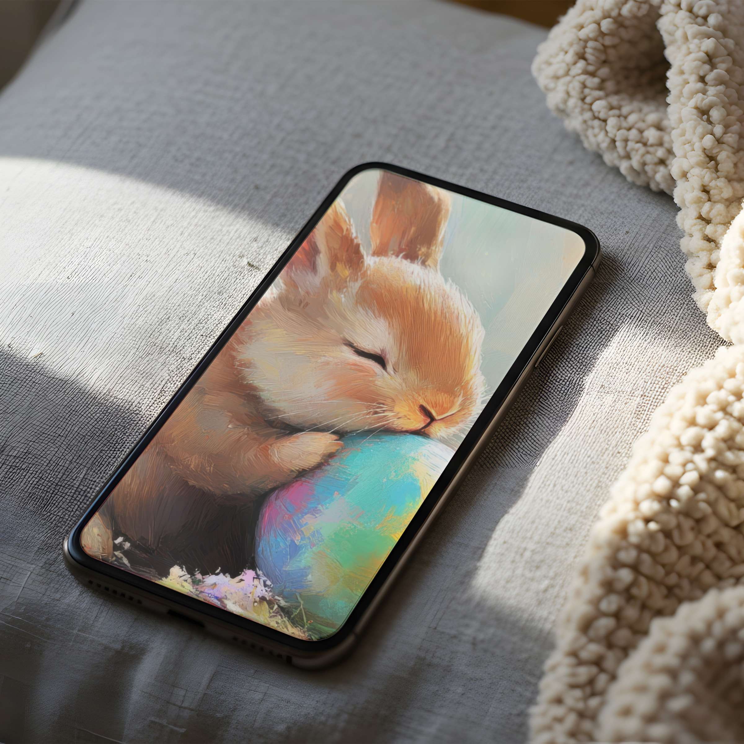 Cozy phone wallpaper featuring a serene bunny resting on a pastel egg enhances calming aesthetics for iPhone and Android digital download