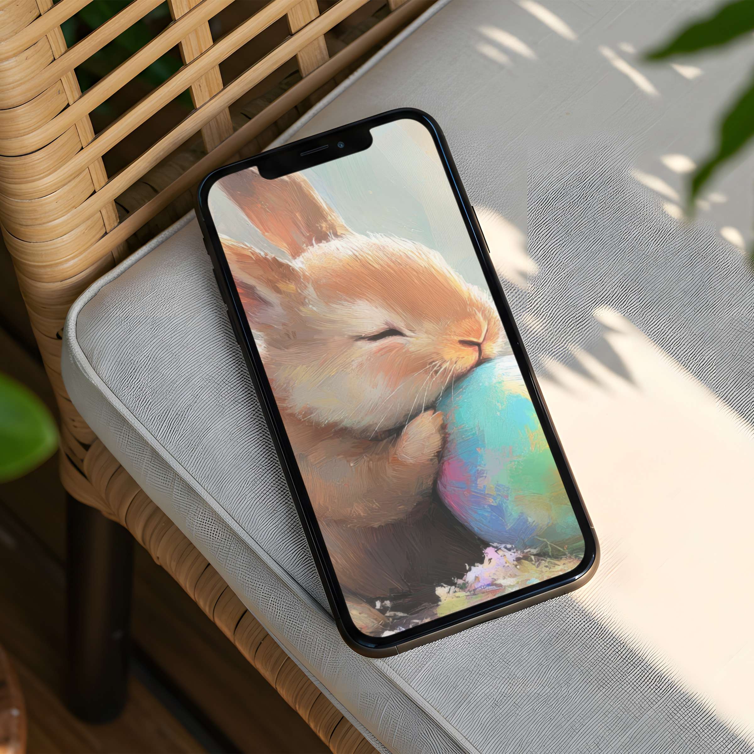 Serene iPhone background featuring a soft pastel rabbit cuddling an egg inspiring calm and elegance instant download for any phone