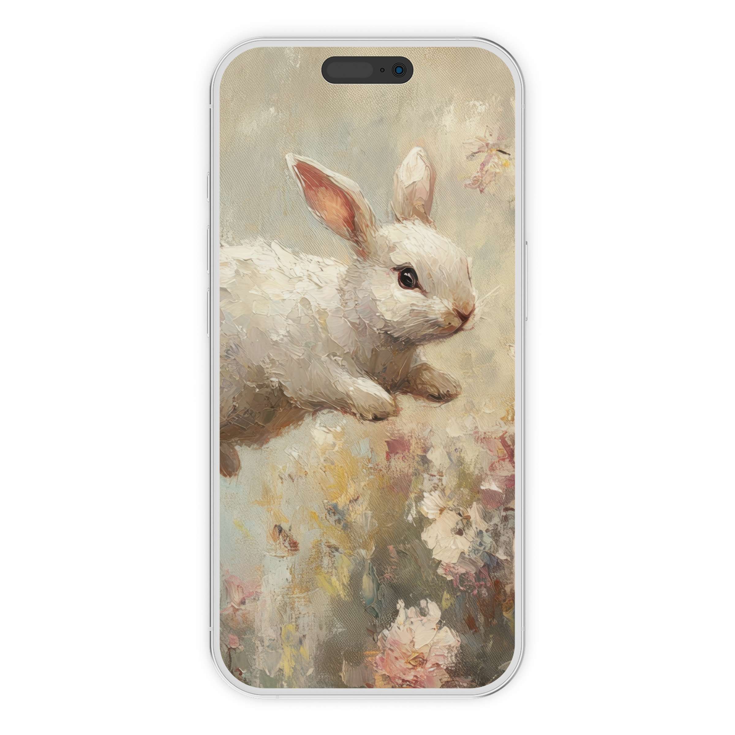 Easter iPhone wallpaper with a serene white rabbit among soft florals offers an elegant digital download phone background