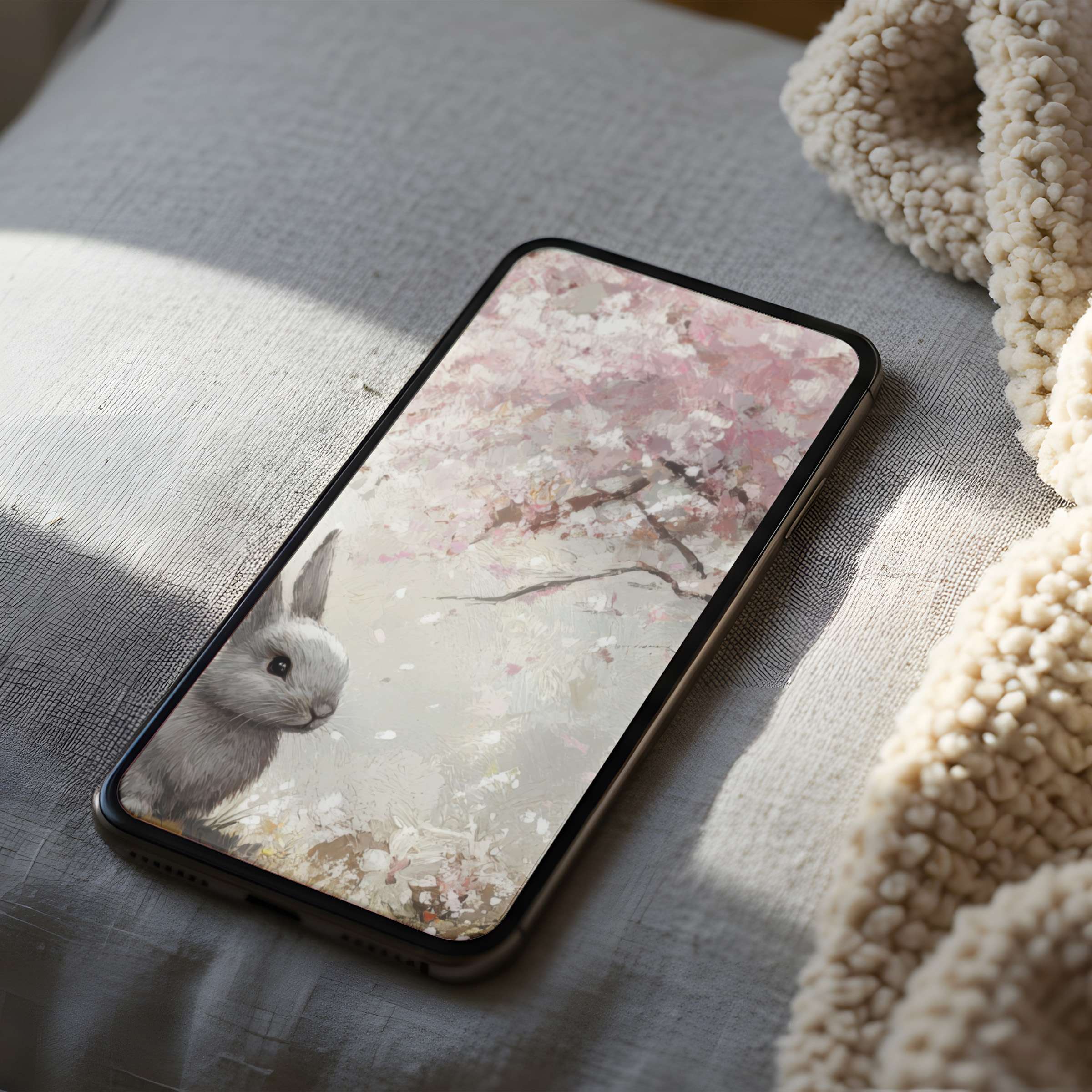 Elegant phone wallpaper features a serene bunny and cherry blossom painting in high resolution, perfect for iPhone and digital download