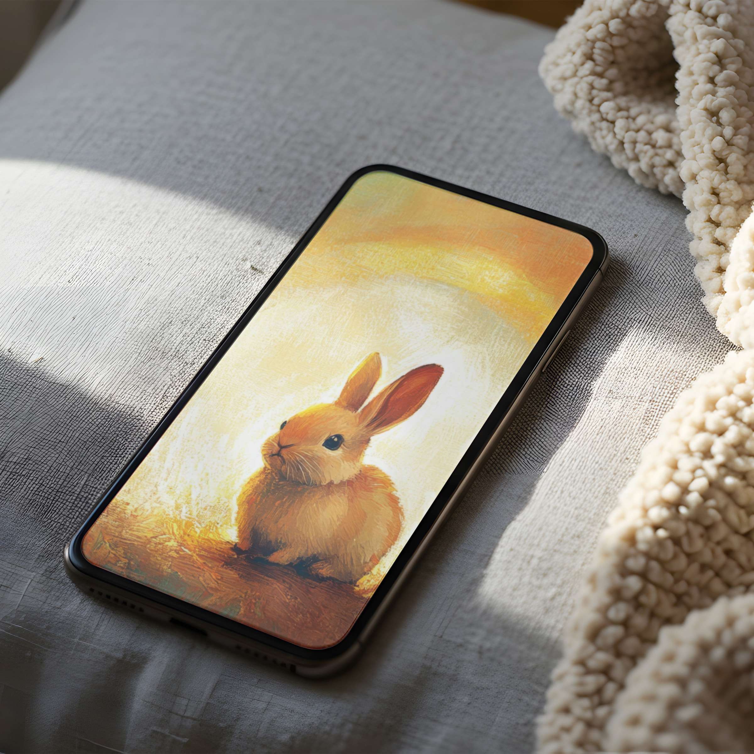 Soft amber hues and a serene rabbit motif make this phone wallpaper a calming high-resolution digital download for your iPhone