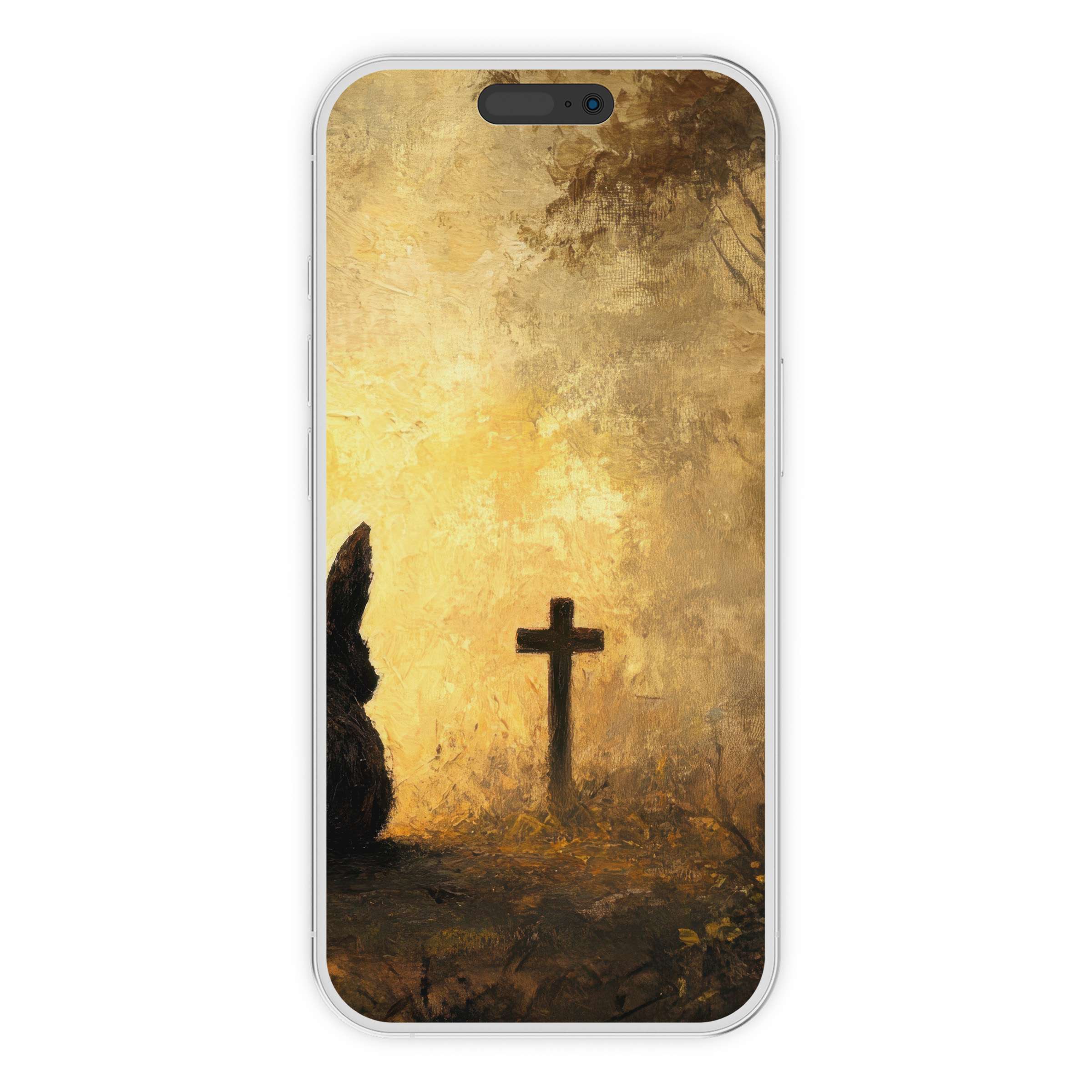 Calm Easter iPhone wallpaper with a serene cross and bunny silhouette on a textured background perfect for phone digital download