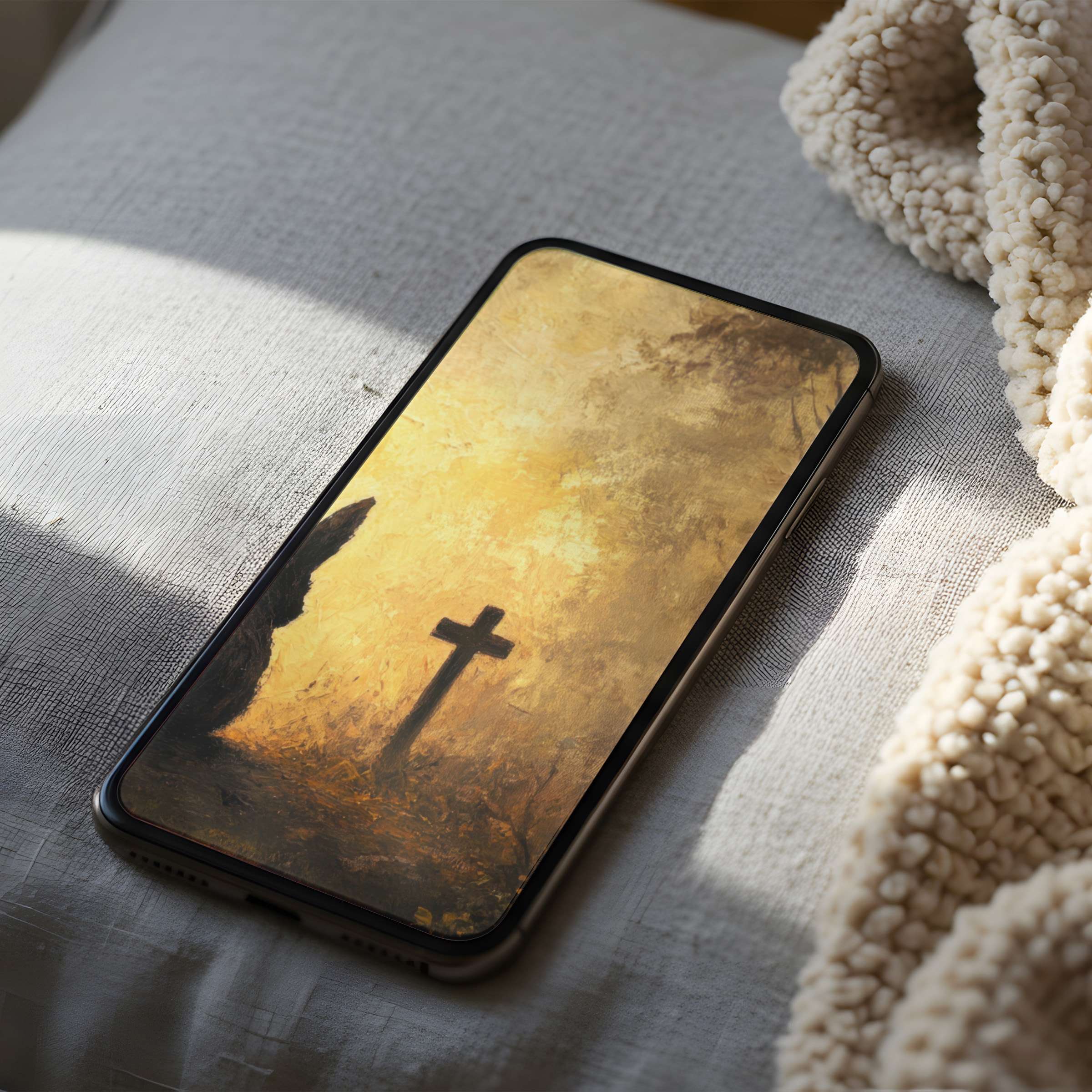 Elegant phone wallpaper featuring a cross silhouette against a serene golden sky high resolution for iPhone and android phones