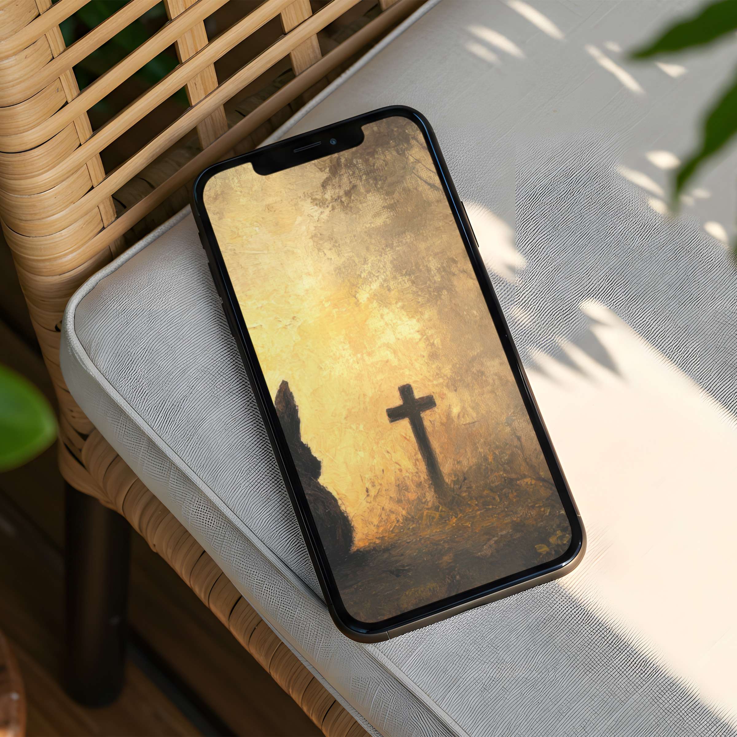 Elegant iPhone background with serene yellow tones and cross silhouette offers calm inspiration instant download for any phone