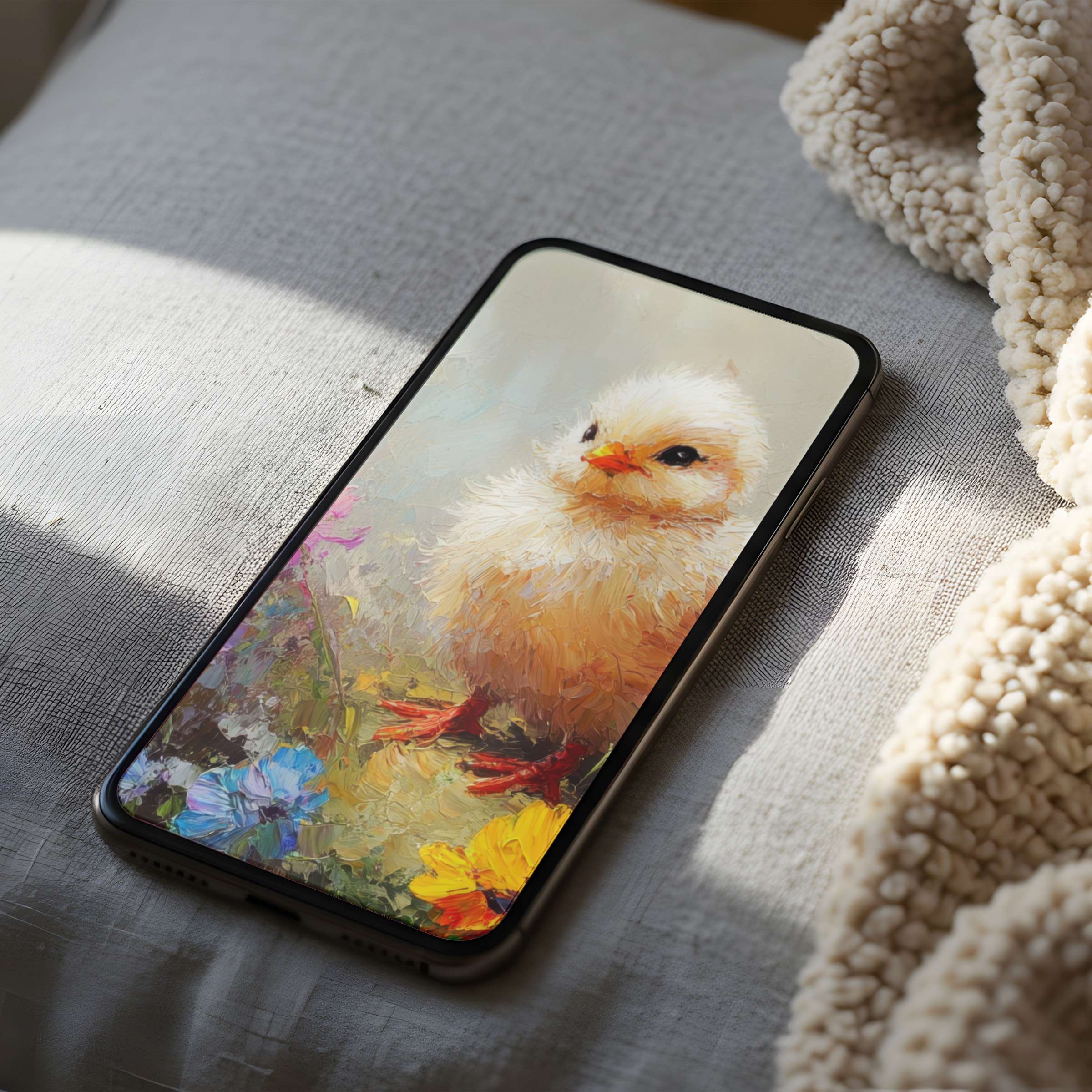 Charming chick phone wallpaper with soft pastels and floral motifs enhances calm elegance on iPhone and Android for digital download