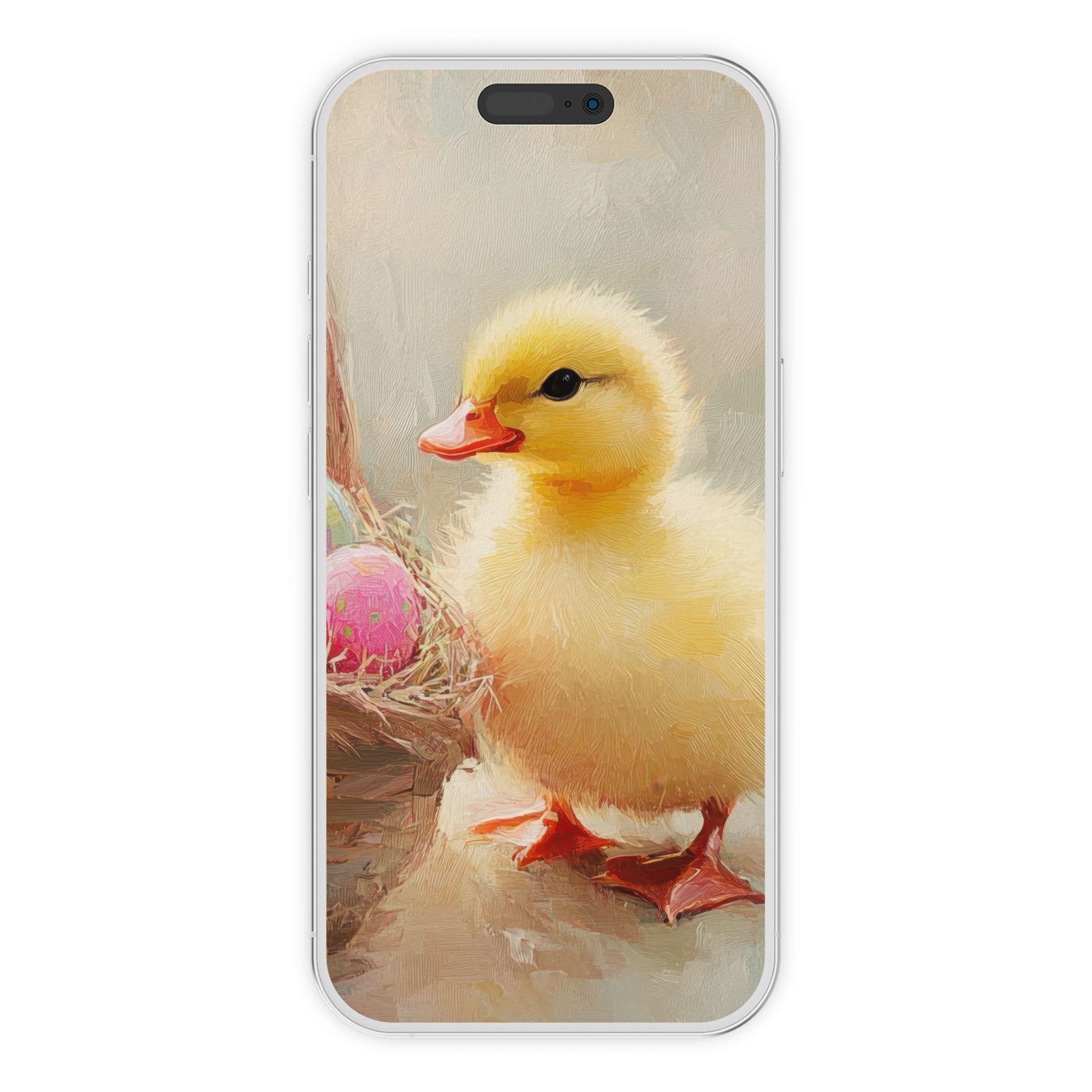 Easter iPhone wallpaper featuring a charming duckling with pastel eggs offers an inspiring digital download phone background for all devices