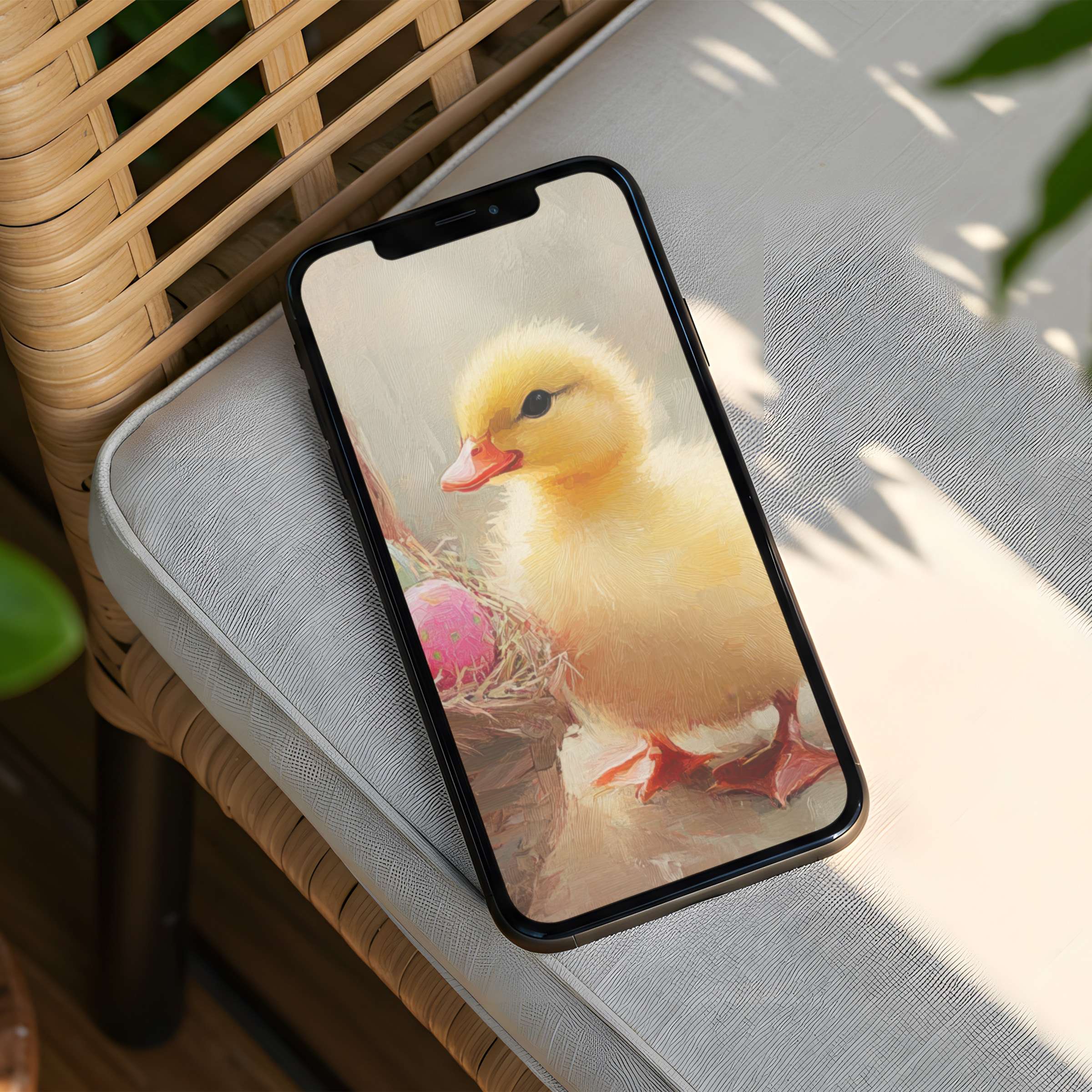 Sunlit wicker setting showcasing a serene iPhone background of a fluffy duckling for instant download on any phone, inspiring calm elegance