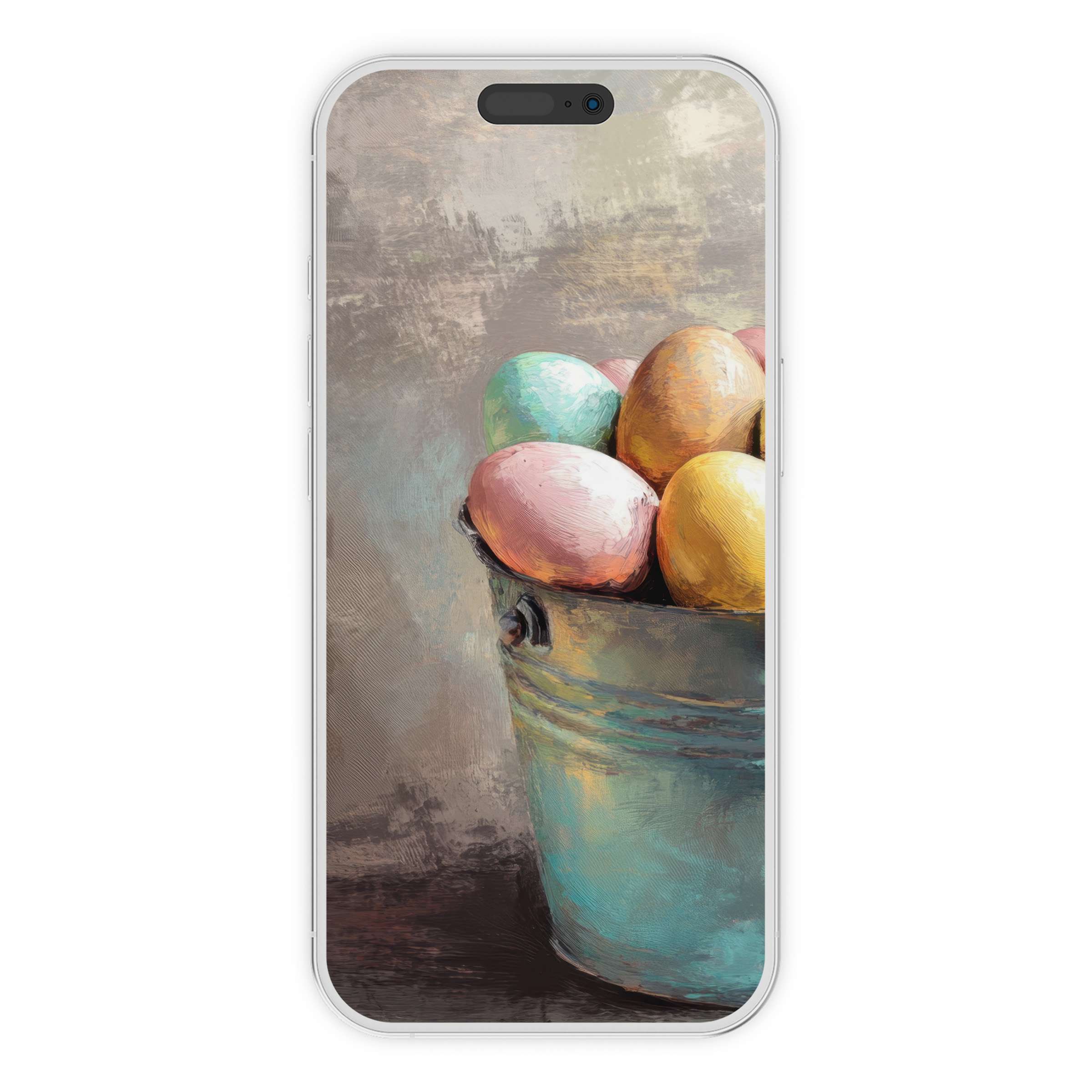 Easter iPhone wallpaper showcasing pastel eggs in a rustic bucket offers a serene phone background as a digital download for elegance