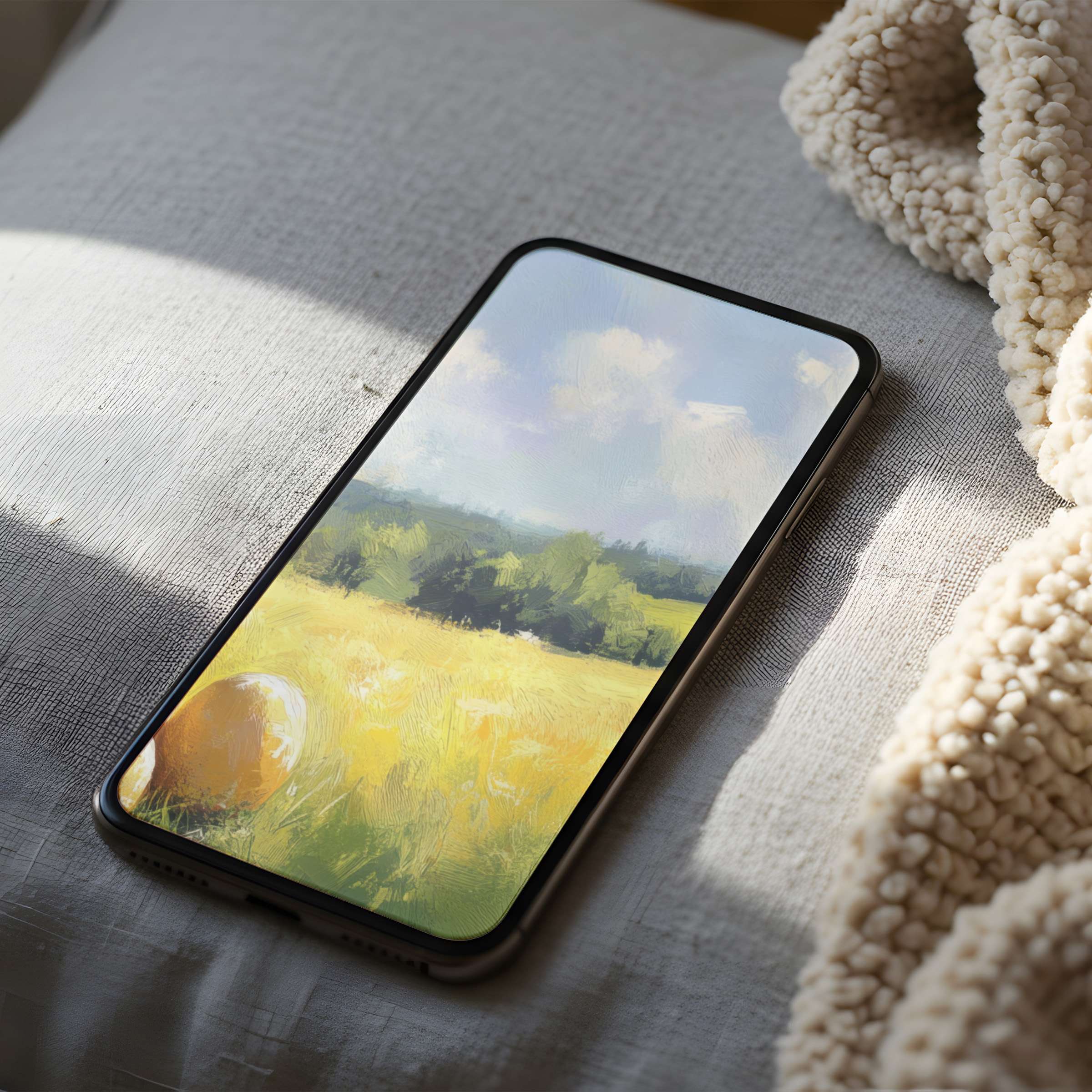 Elegant phone wallpaper featuring serene landscape painting with soft yellows and greens suitable for iPhone and android digital download