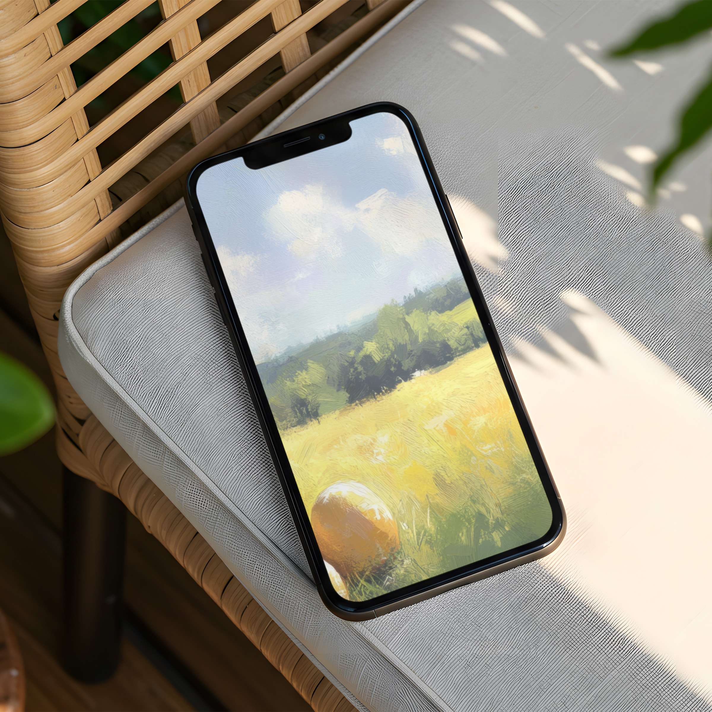 Serene landscape with sunlit fields on phone iPhone background inspires calm and elegance instant download for mindful living