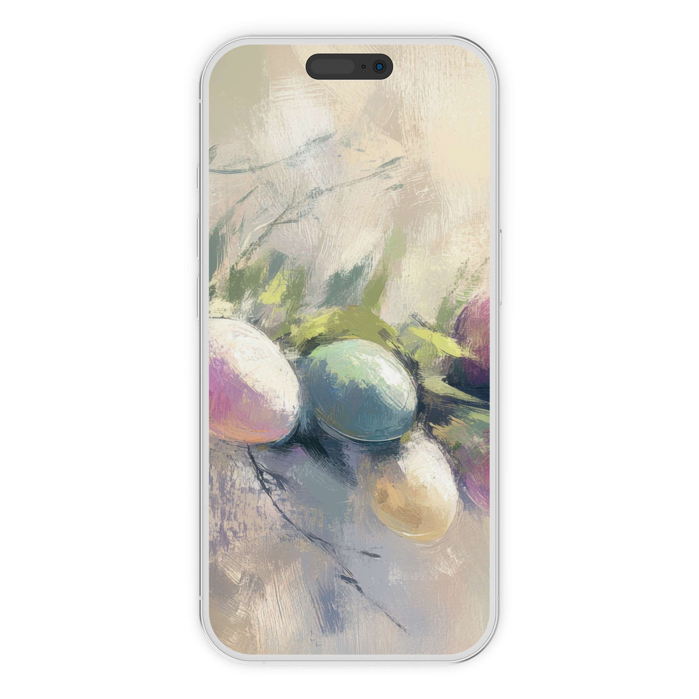 Easter iPhone wallpaper featuring pastel eggs on a serene textured phone background, digital download for artistic, soothing ambiance