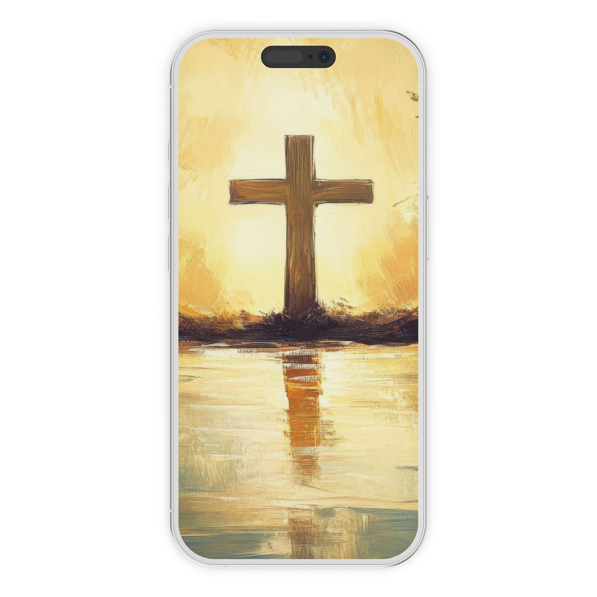 Elegant easter iPhone wallpaper featuring a serene cross against a golden sky for phone background digital download for peace