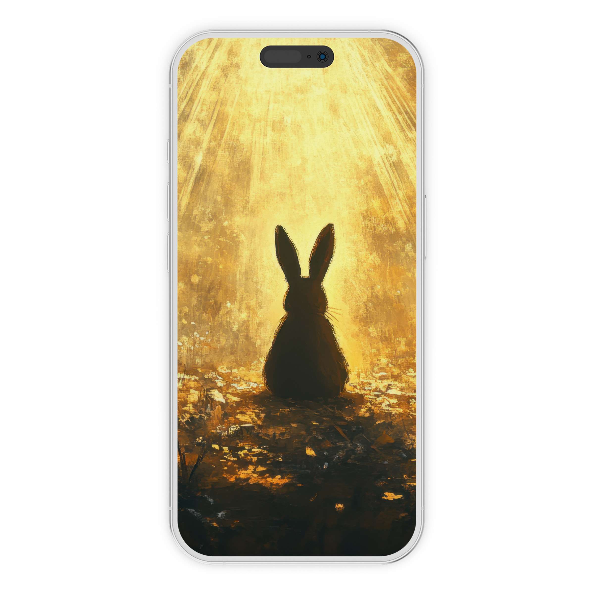 Golden-hued easter iPhone wallpaper featuring a whimsical bunny silhouette against sunlit textures, perfect phone background digital download