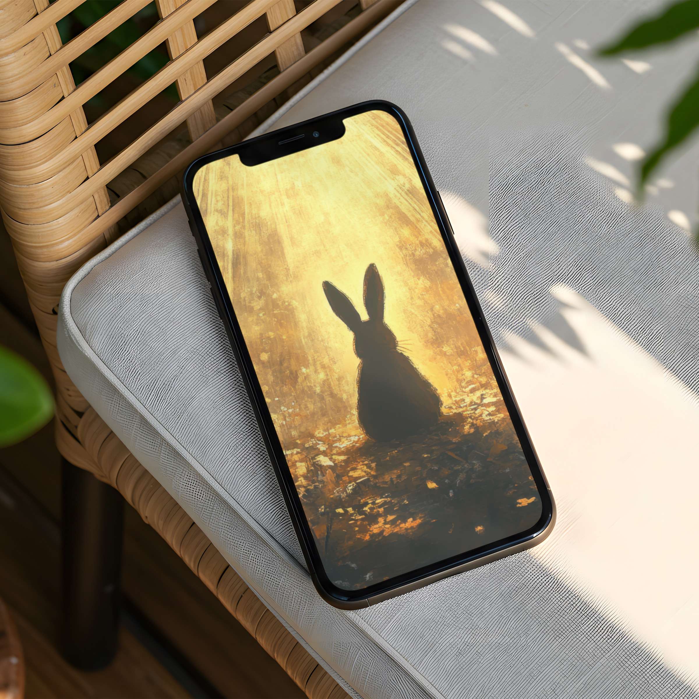 Elegant digital iPhone background featuring a serene rabbit silhouette in warm golden light, available for instant download to transform your phone with calm inspiration