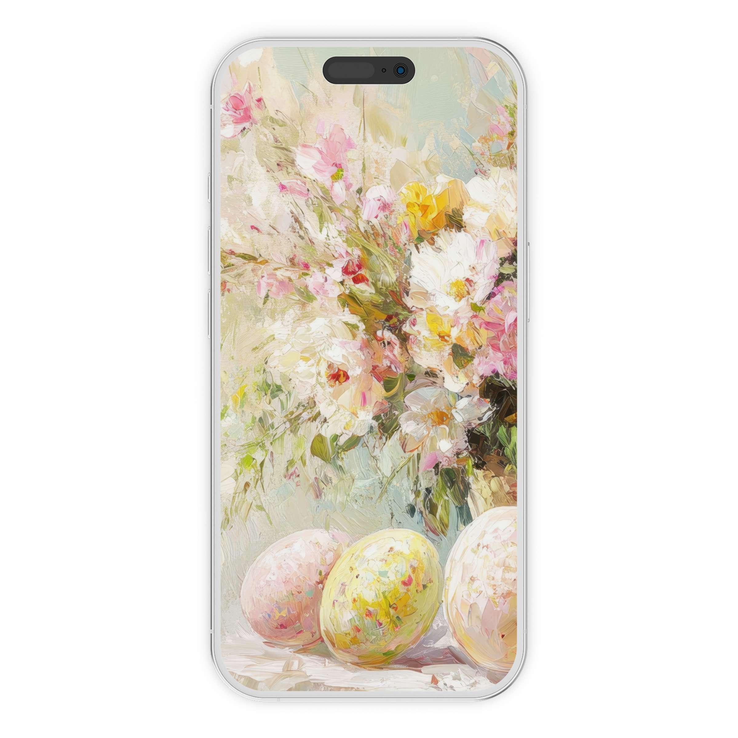 Easter iPhone wallpaper digital download featuring pastel floral artistry and eggs ideal for phone backgrounds on all devices
