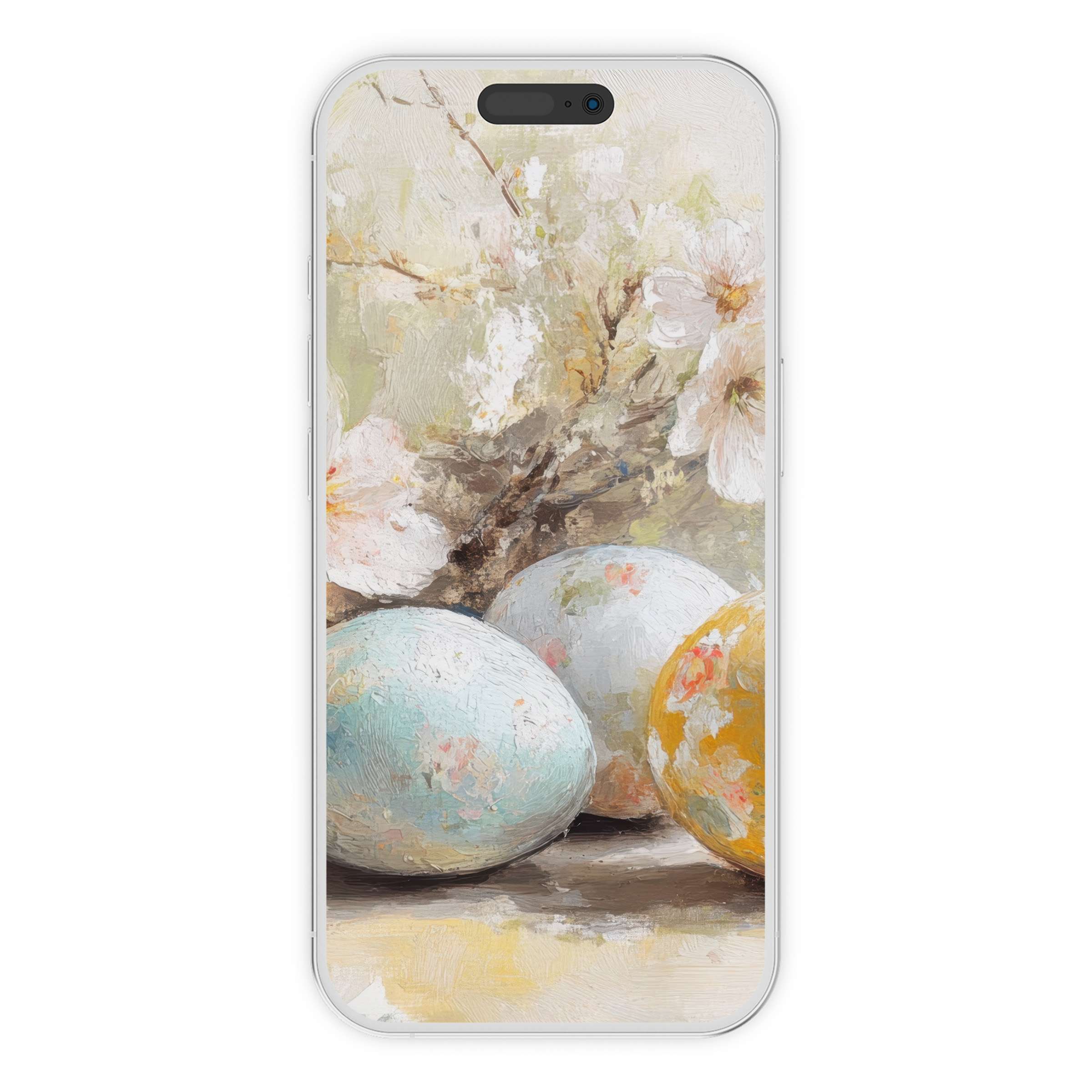 Easter iPhone wallpaper featuring pastel eggs and blossoms, offering a soothing digital download for elegant phone backgrounds