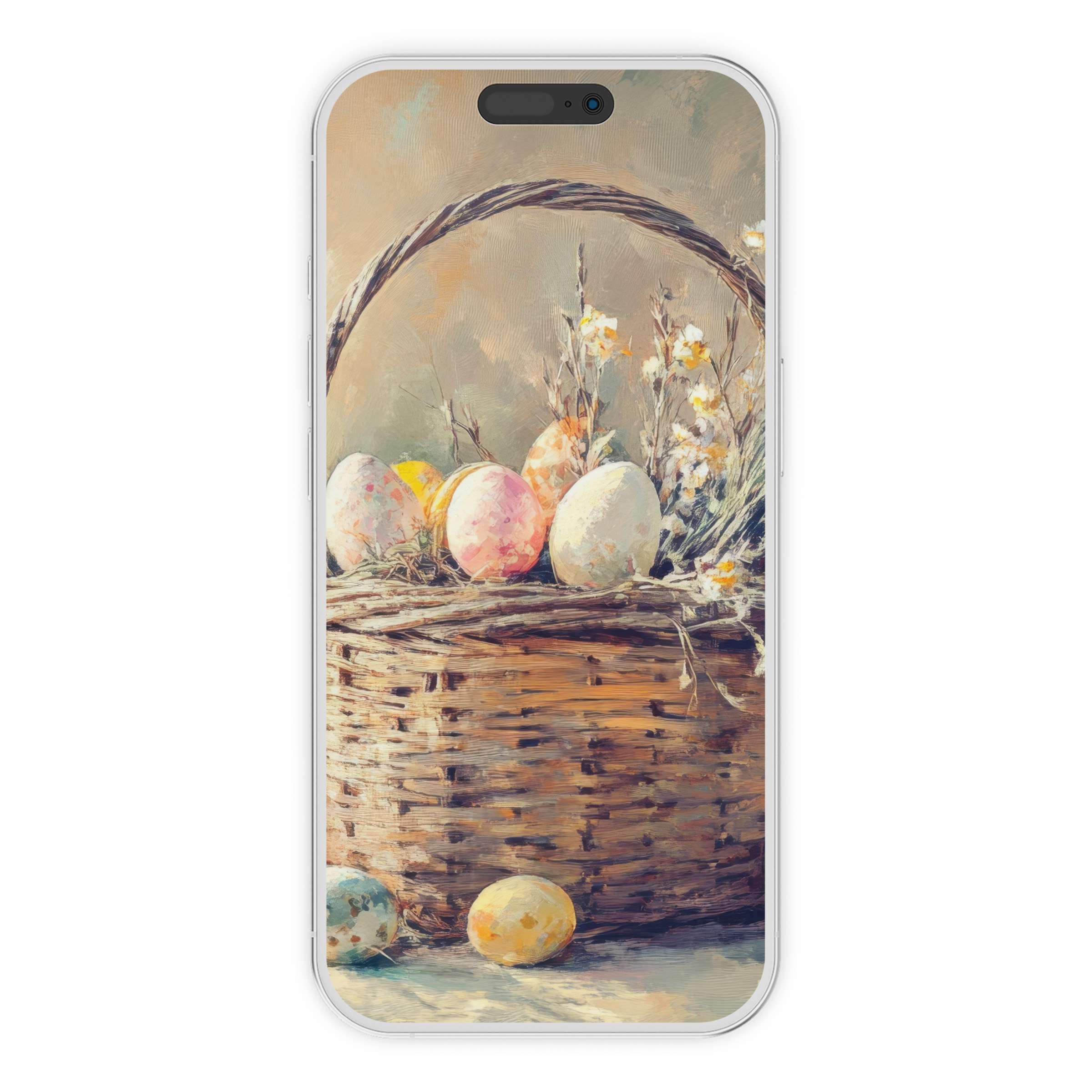 Easter iPhone wallpaper offers a serene digital download with a pastel basket theme, enhancing phone backgrounds elegantly