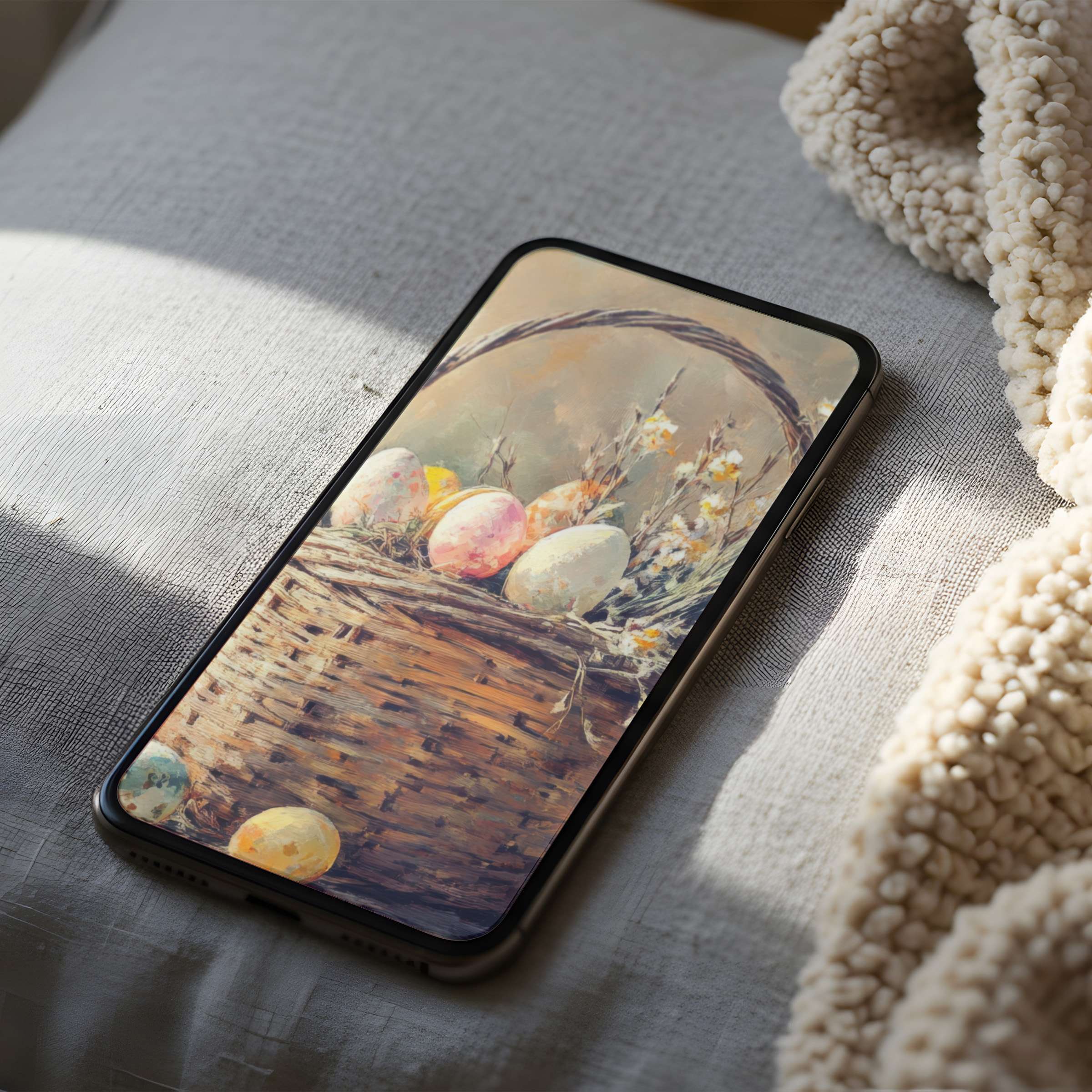 Elegant phone wallpaper featuring pastel eggs in a rustic basket, perfect for iPhone and Android, high-resolution digital download