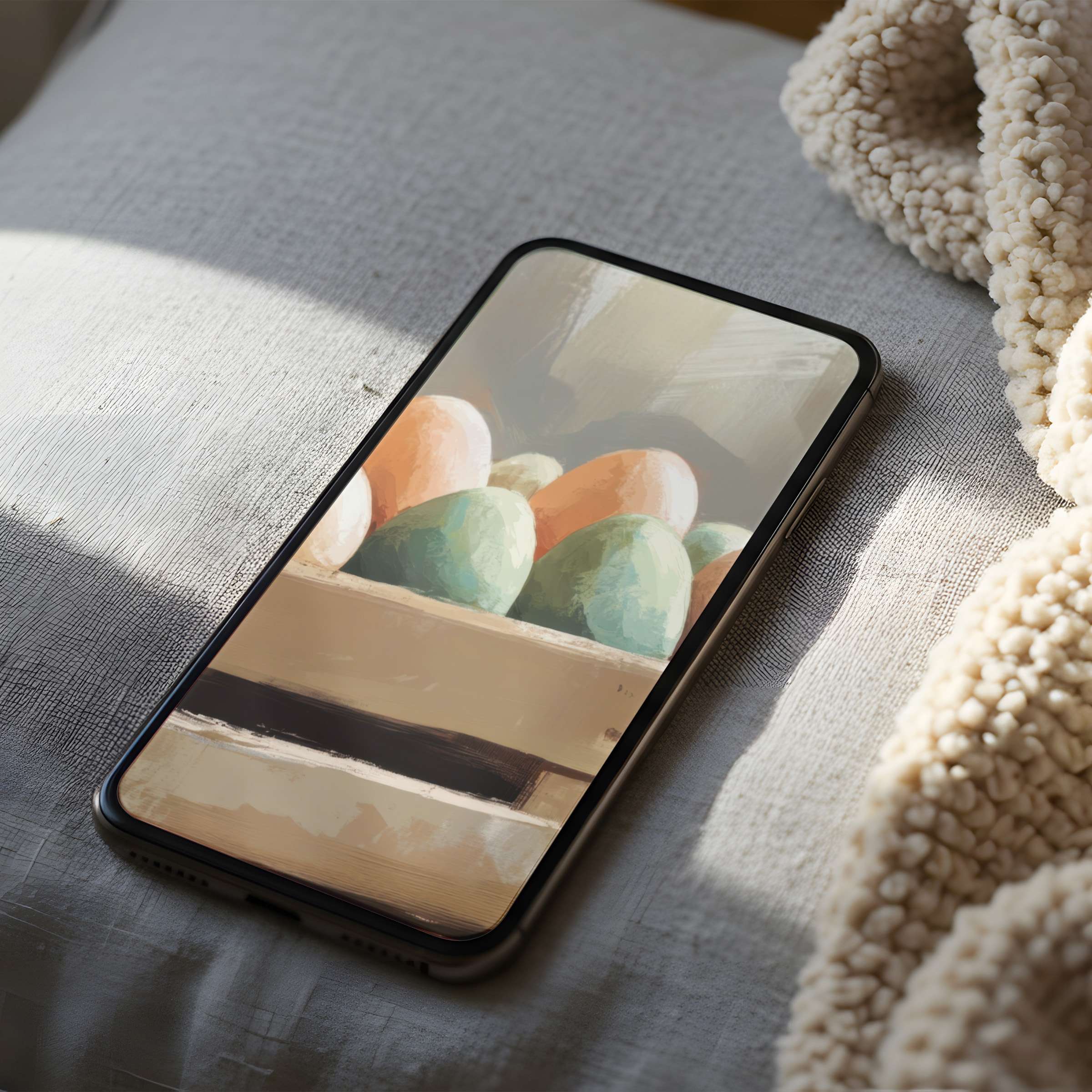 Elegant digital art depicting pastel-hued eggs offers a serene phone wallpaper for iPhone and Android high resolution download