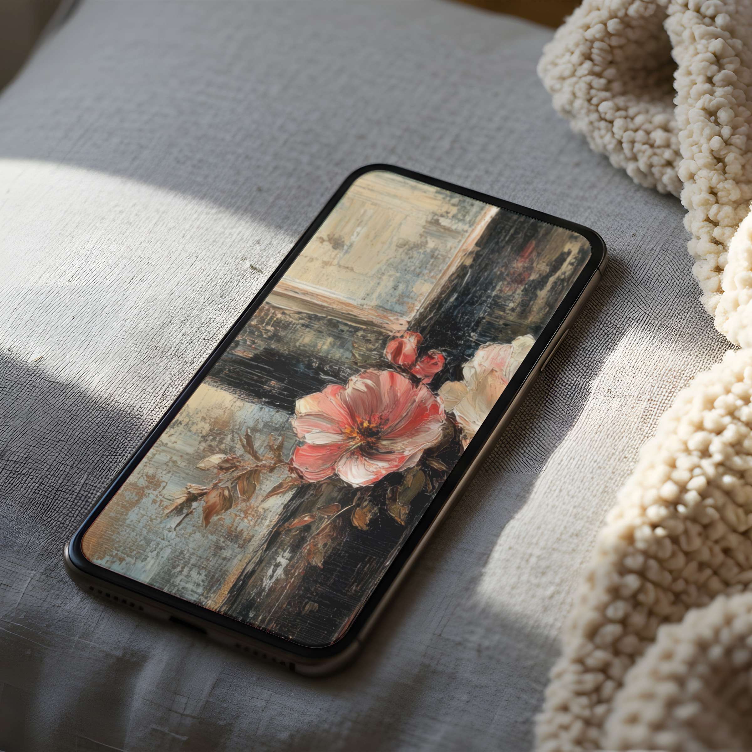 Elegant floral phone wallpaper in soft pinks and greys brings calm to your interior iPhone or Android high-resolution digital download