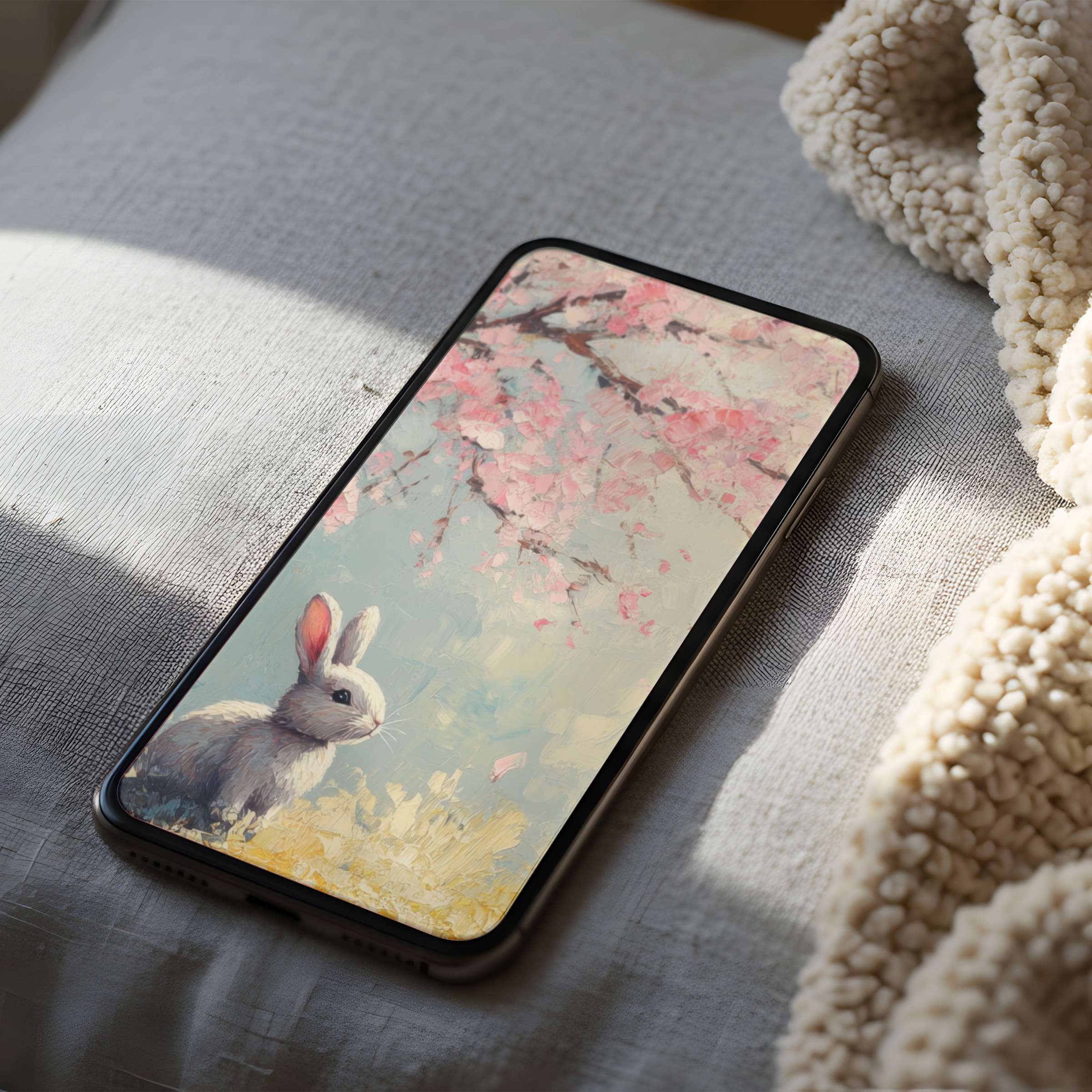 Elegant phone wallpaper showcasing a serene bunny under cherry blossoms in high resolution, perfect for iPhone and Android phones, easy download