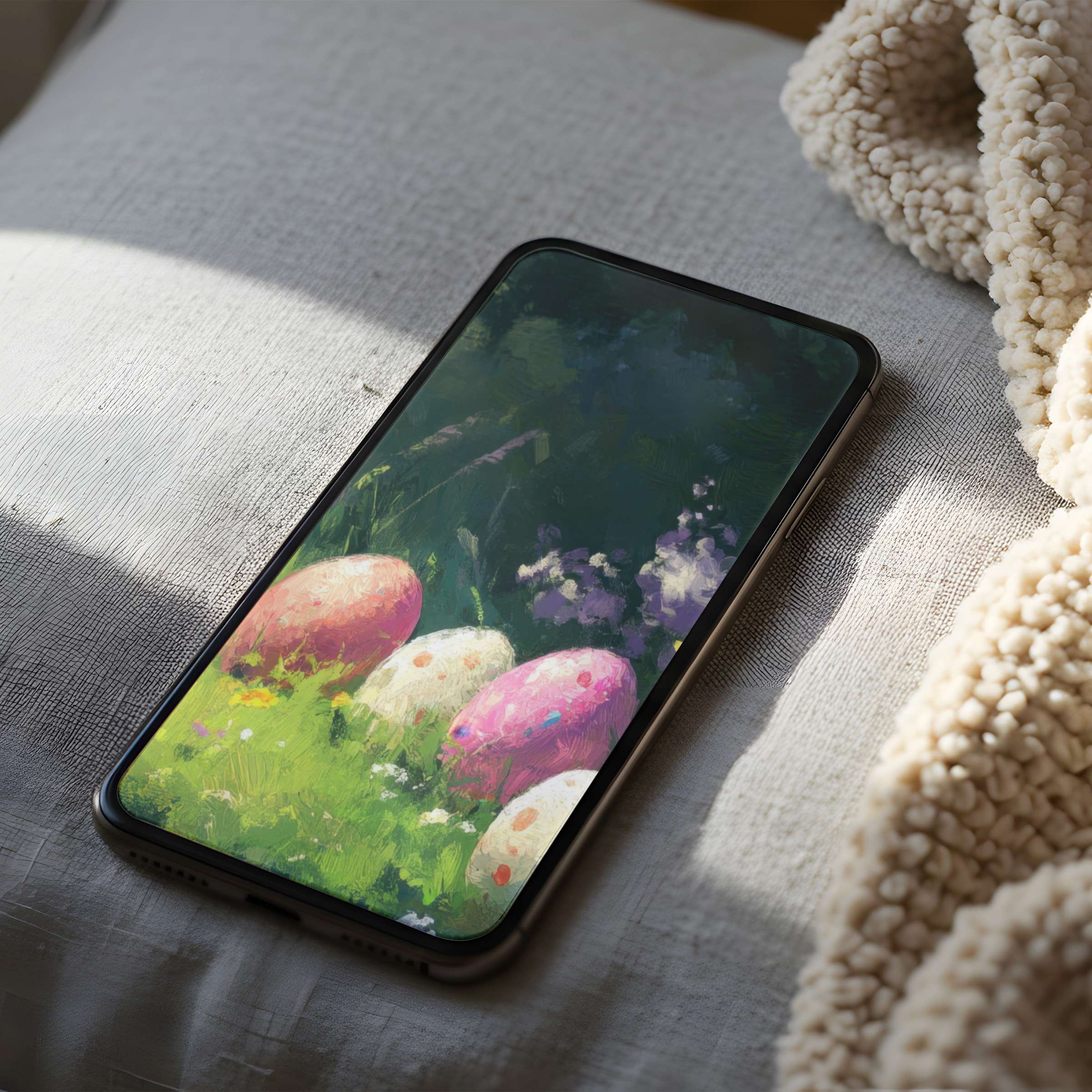 Elegant phone wallpaper showcasing serene pastel eggs and greenery in high resolution perfect for iPhone and Android digital download