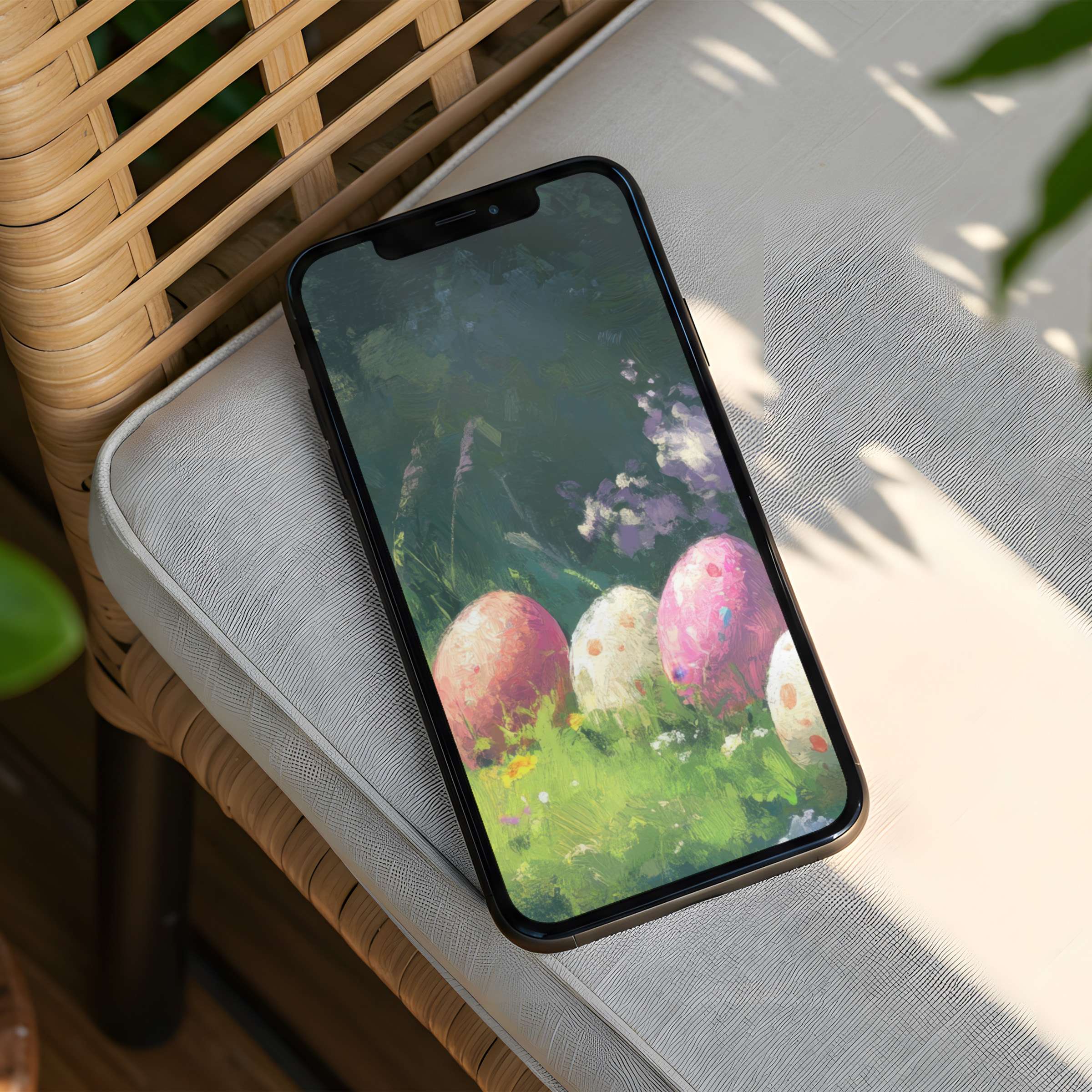 Elegant iPhone background with pastel eggs and floral scene offers calm inspiration instant download for design-conscious phone users
