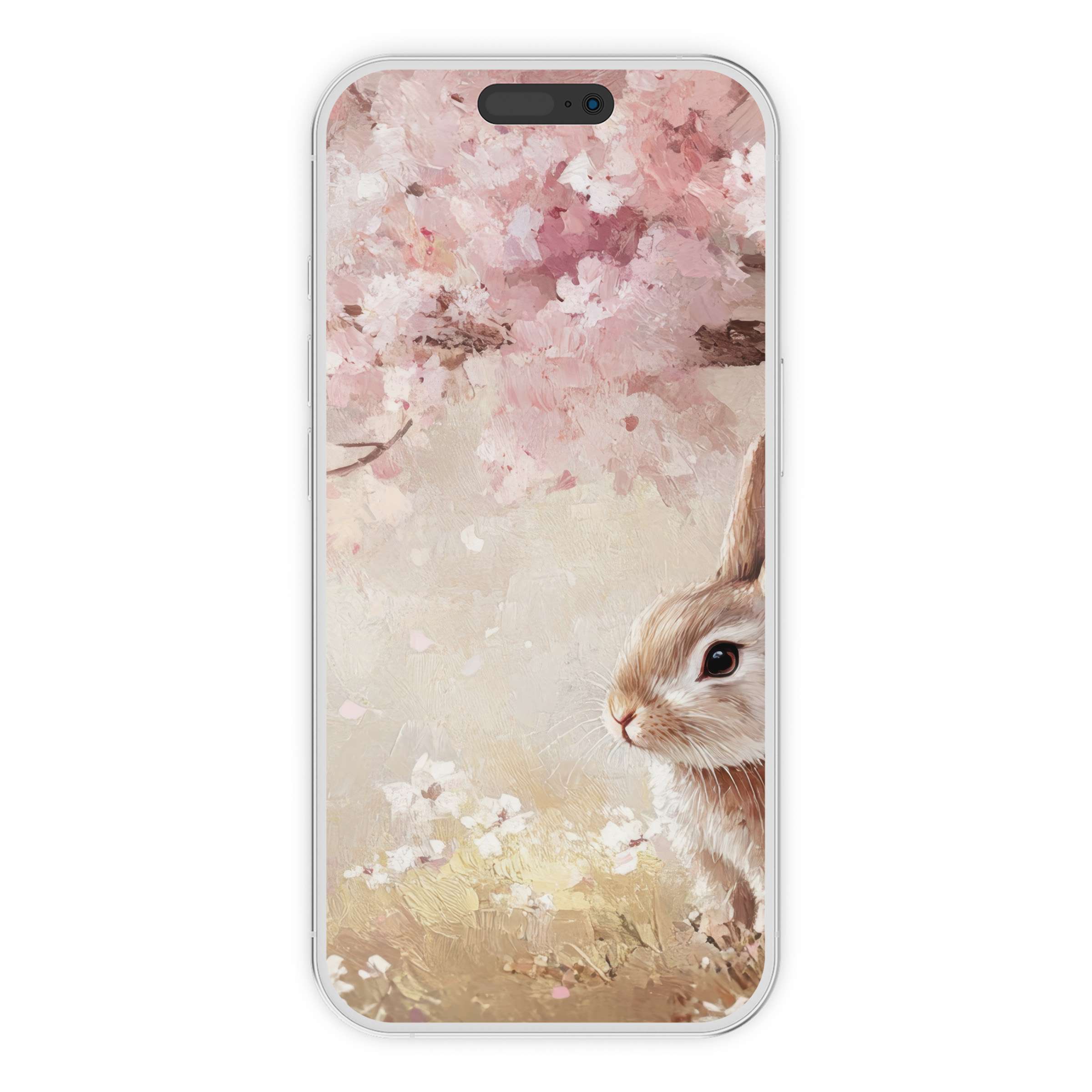 Easter iPhone wallpaper featuring a serene bunny under cherry blossoms, ideal for calming phone background and digital download delight