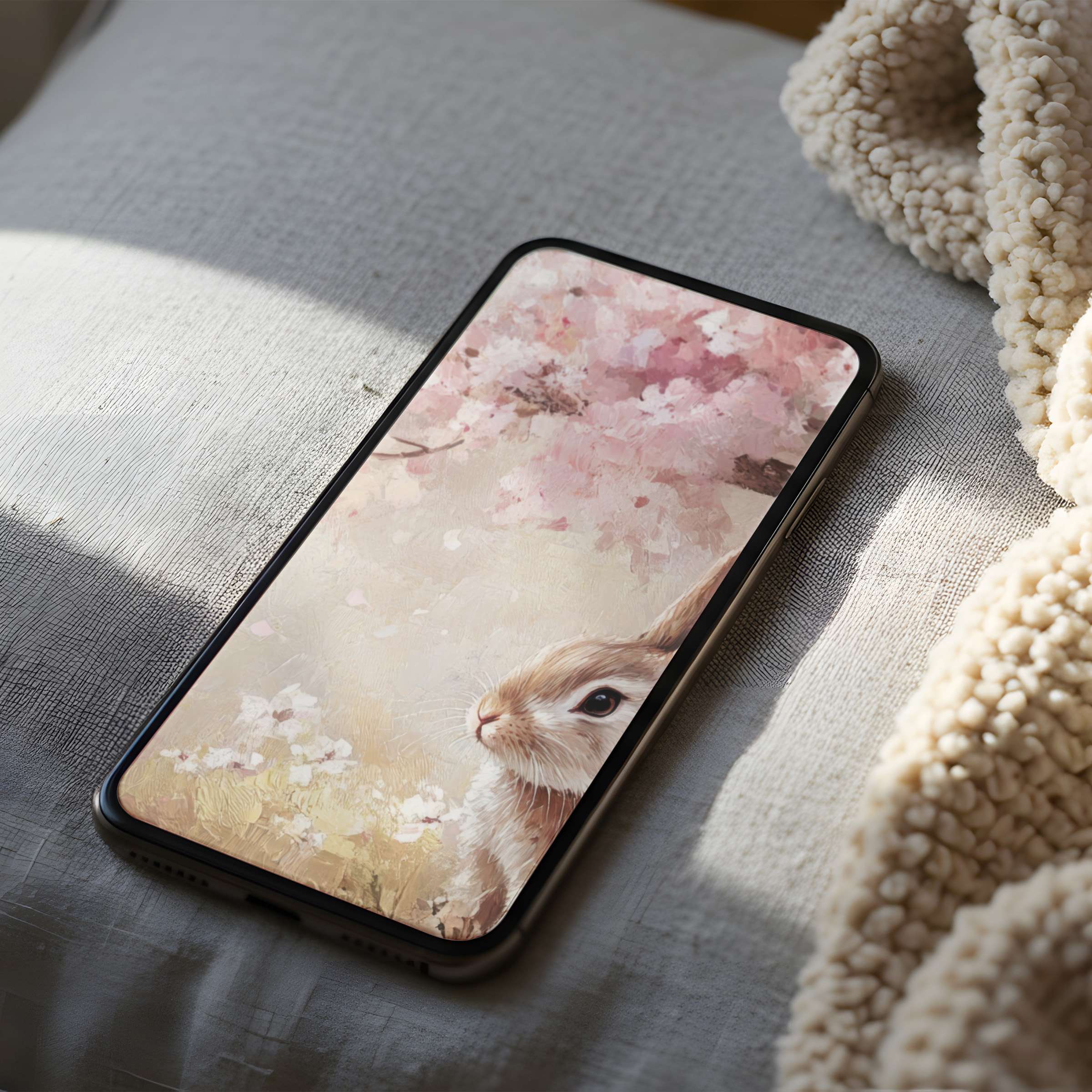 Elegant phone wallpaper featuring a serene rabbit under cherry blossoms, perfect for iPhone in high resolution, downloadable for calming ambiance