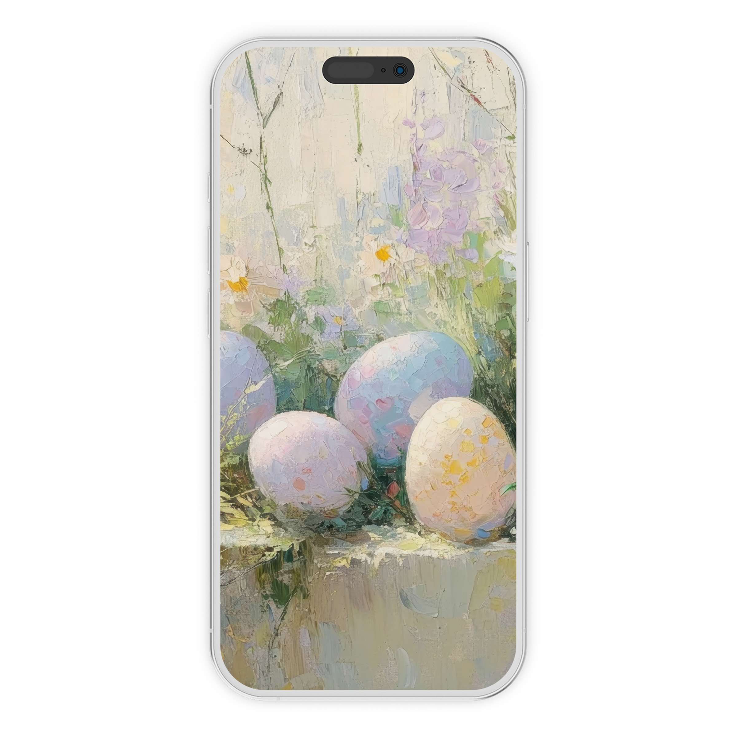 Easter iPhone wallpaper featuring pastel eggs in an impressionist garden, perfect digital download background for phone calmness