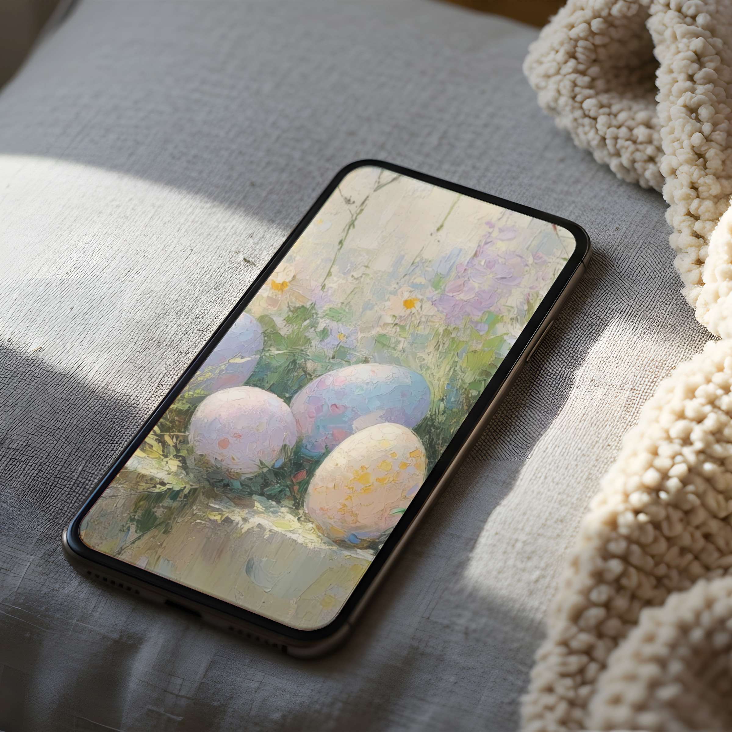 Elegant pastel phone wallpaper featuring painted eggs amidst soft floral hues evokes tranquility, perfect for iPhone and Android devices