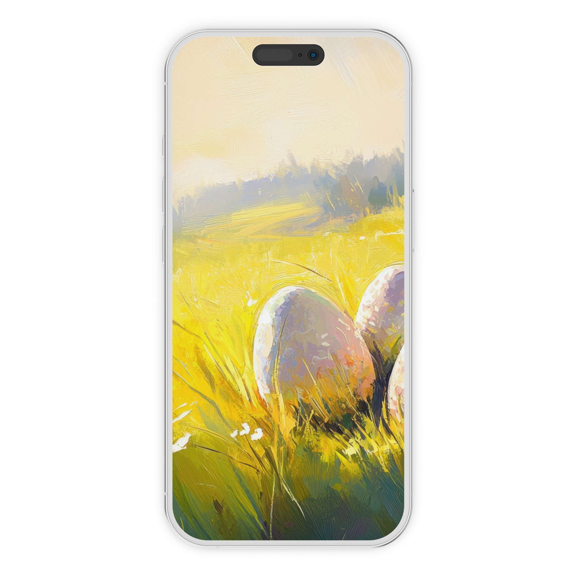 Easter iPhone wallpaper with serene pastel eggs in a sunny field, perfect phone background for stylish digital download use