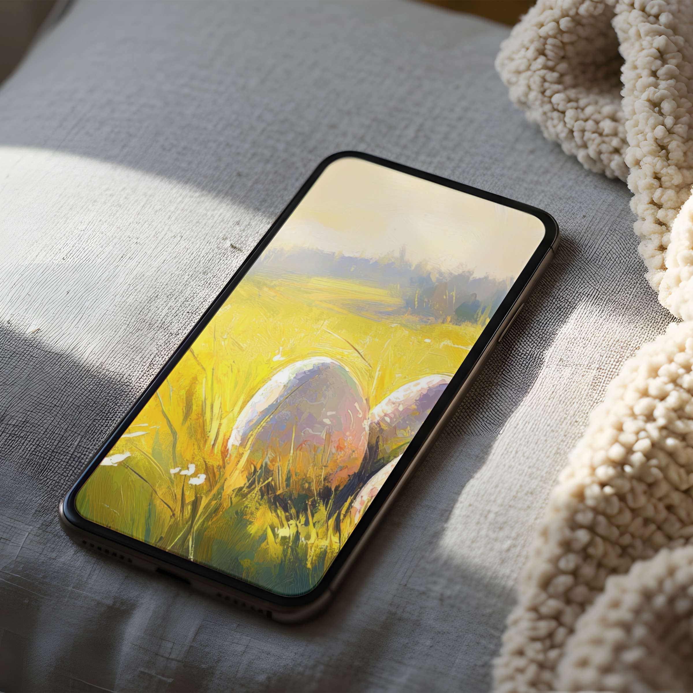 Serene phone wallpaper with soft sunlight over a countryside painting offers calm High resolution for iPhone and Android devices